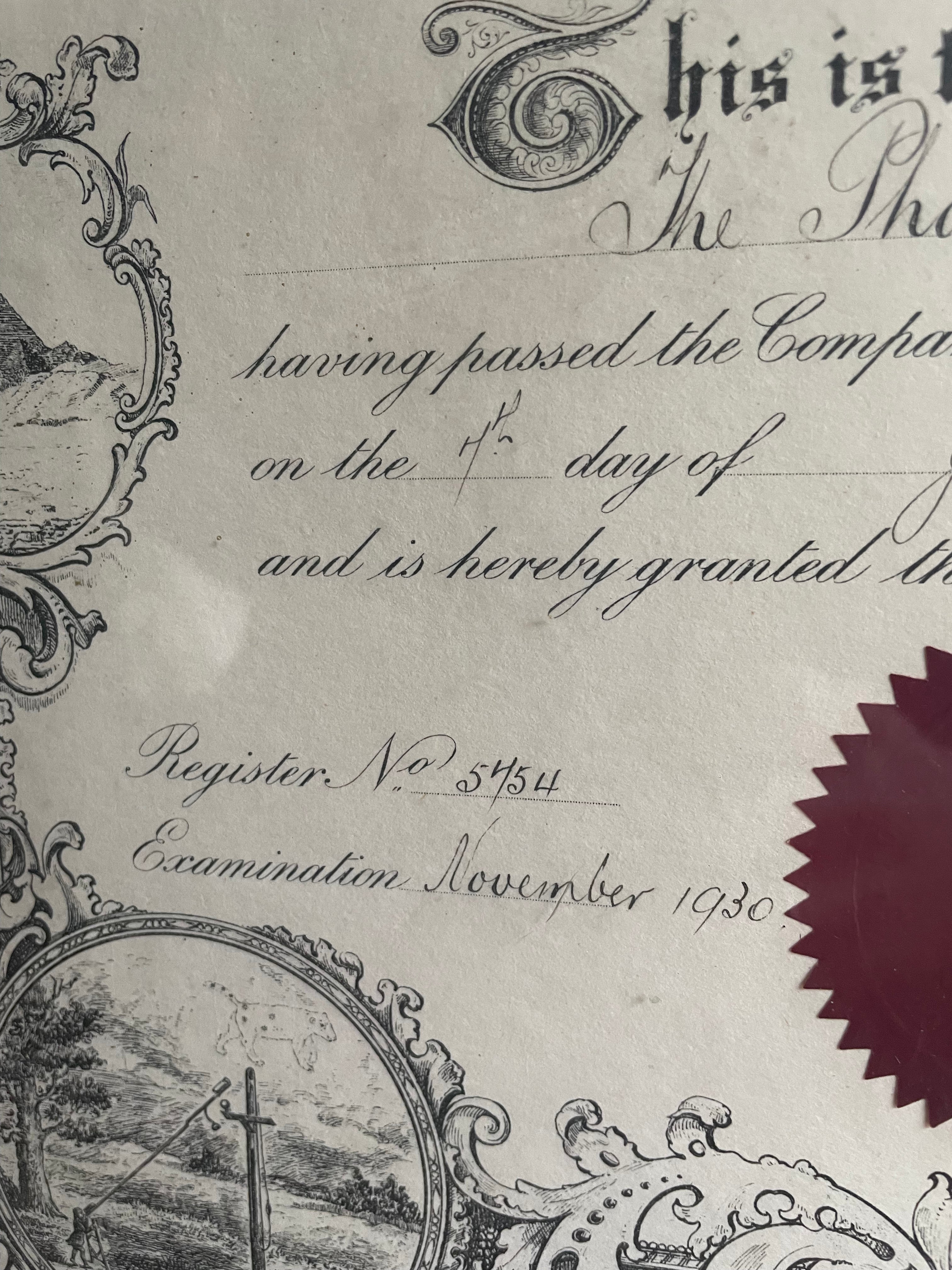 Large Framed 1930s Diploma from “The Worshipful Company of Spectacle Makers”