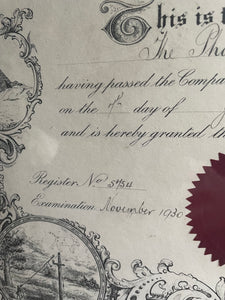 Large Framed 1930s Diploma from “The Worshipful Company of Spectacle Makers”