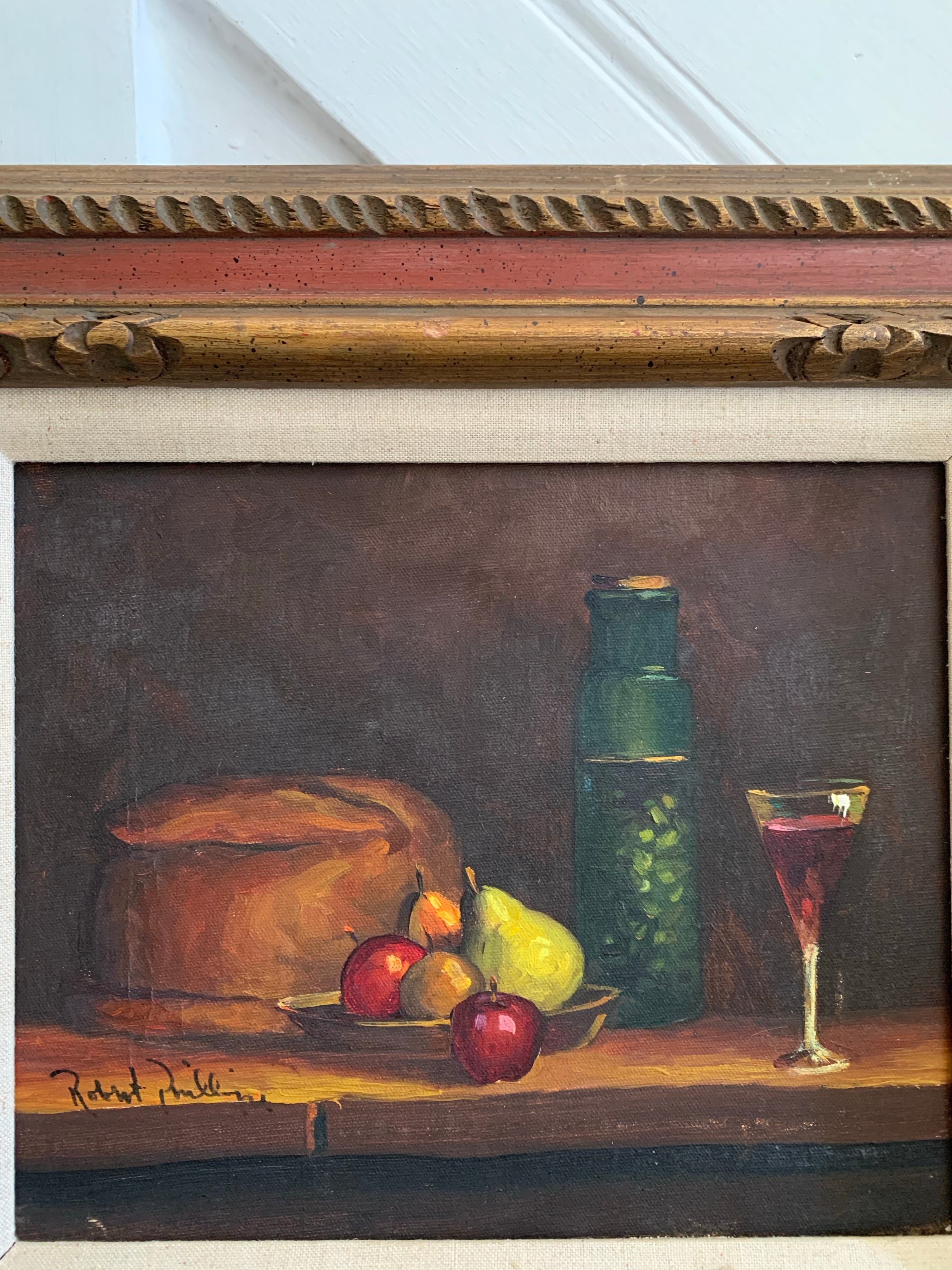 Still-Life with fruit, bread & wine: Gilt Framed Oil on Canvas
