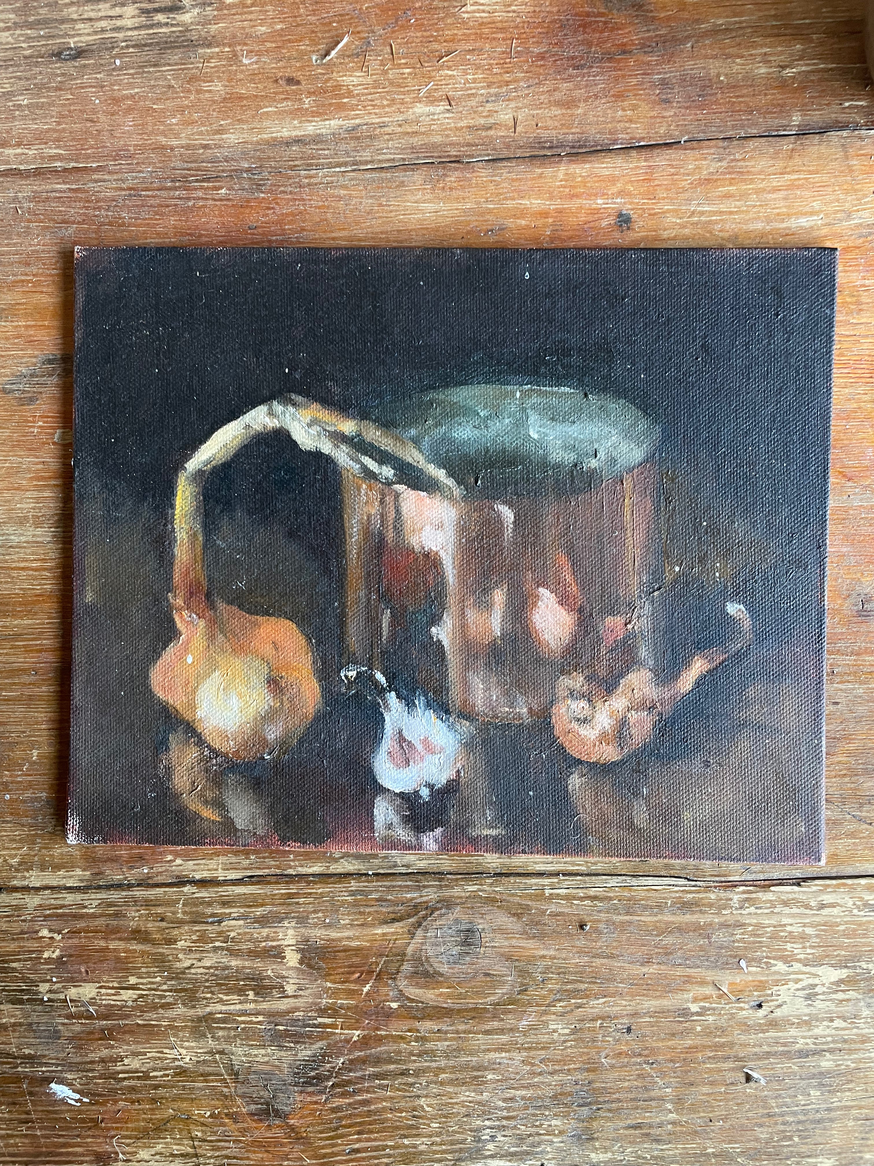 Moody Still Life with Copper Pot: Small Oil on Board