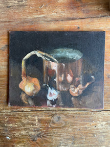 Moody Still Life with Copper Pot: Small Oil on Board