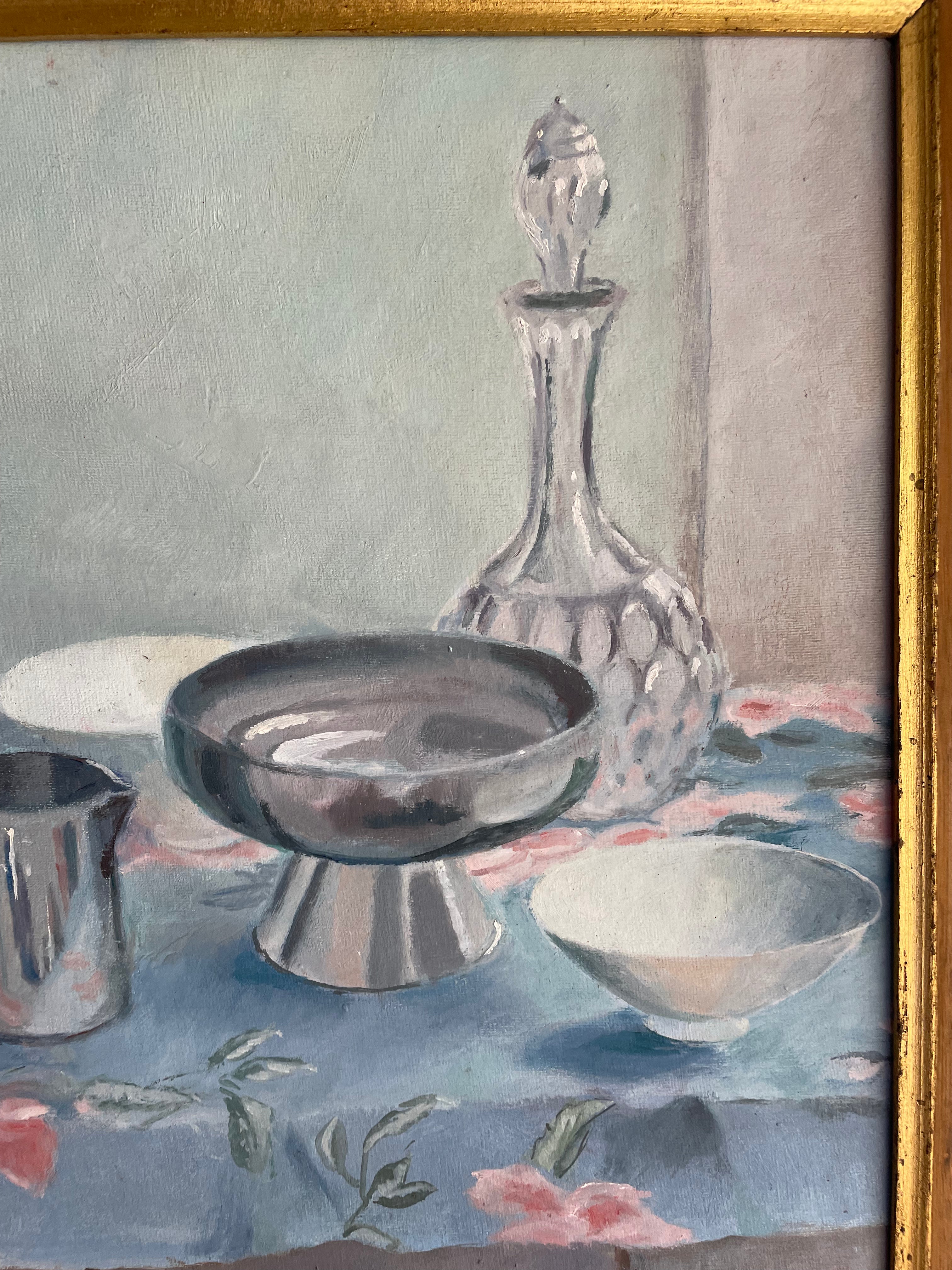 Still-Life Oil Painting with Floral Tablecloth