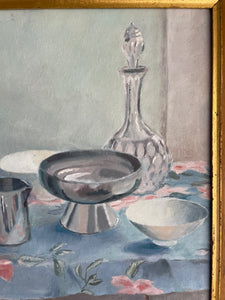 Still-Life Oil Painting with Floral Tablecloth