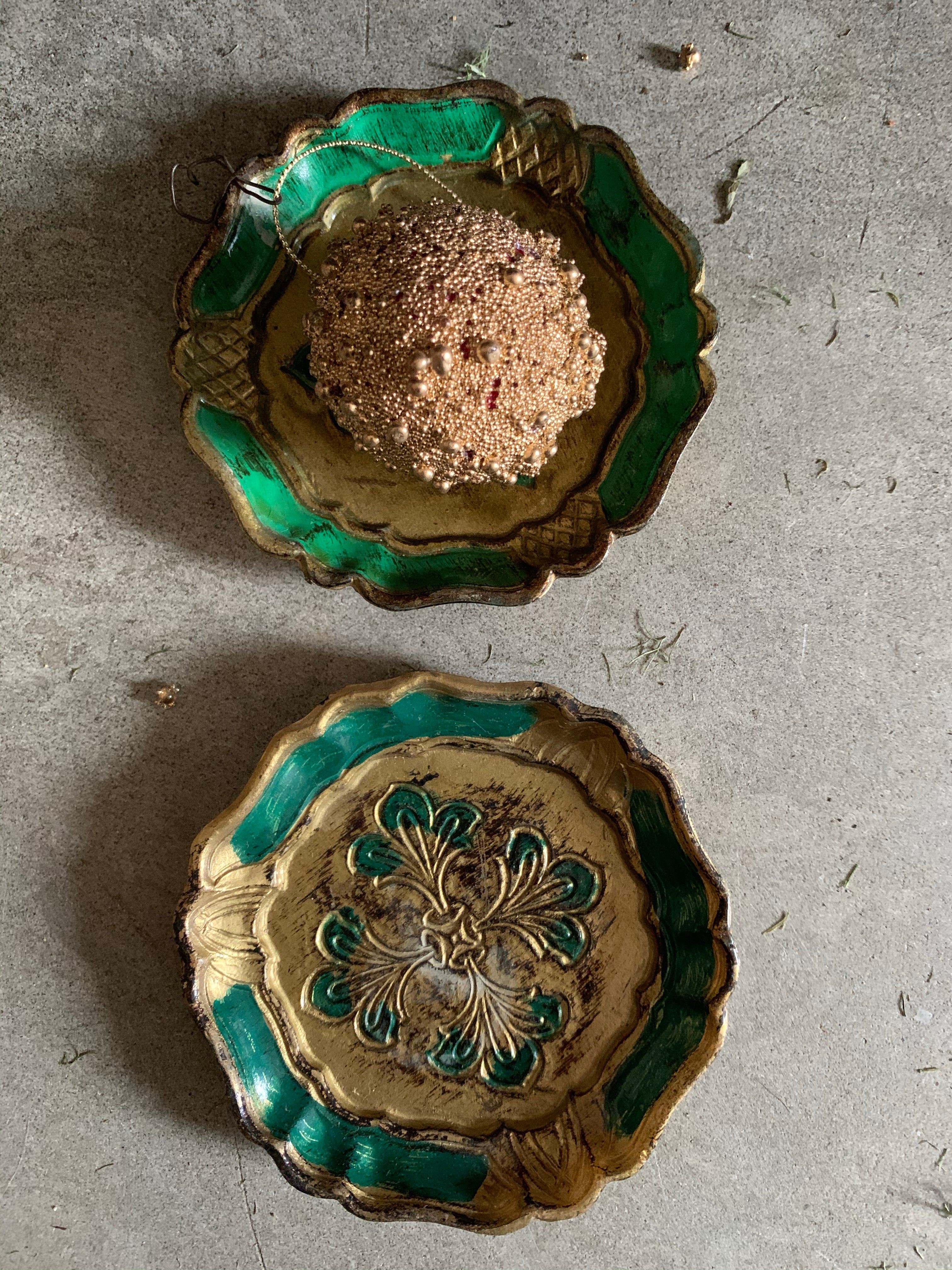 Set of Two Vintage Italian Florentine Coasters - Green
