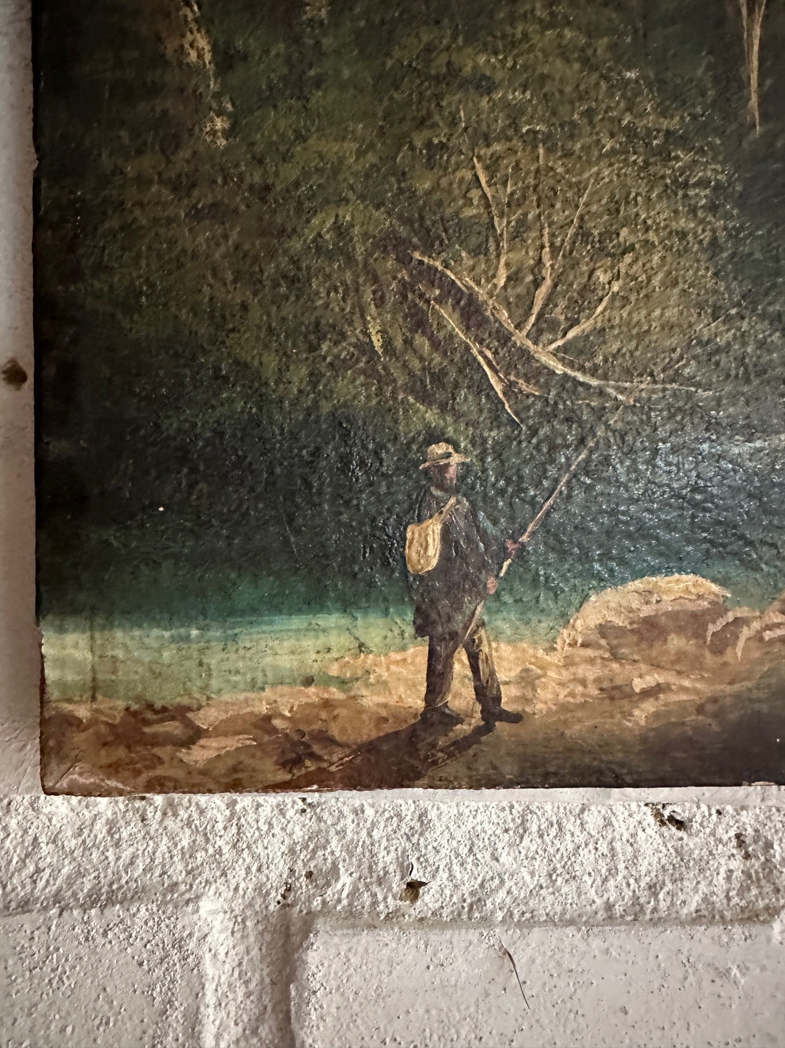 Small 19th Century Landscape with Fisherman: Unframed Oil on Canvas