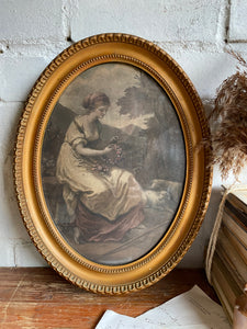 Antique Framed Lithographic Print of a Lady with Flower Garland