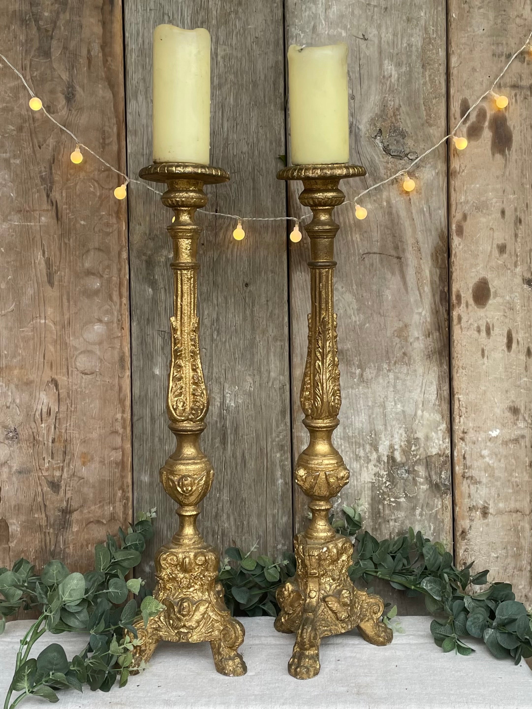 Pair of Giltwood Handcarved Church Candlesticks