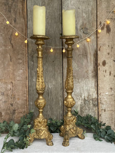 Pair of Giltwood Handcarved Church Candlesticks