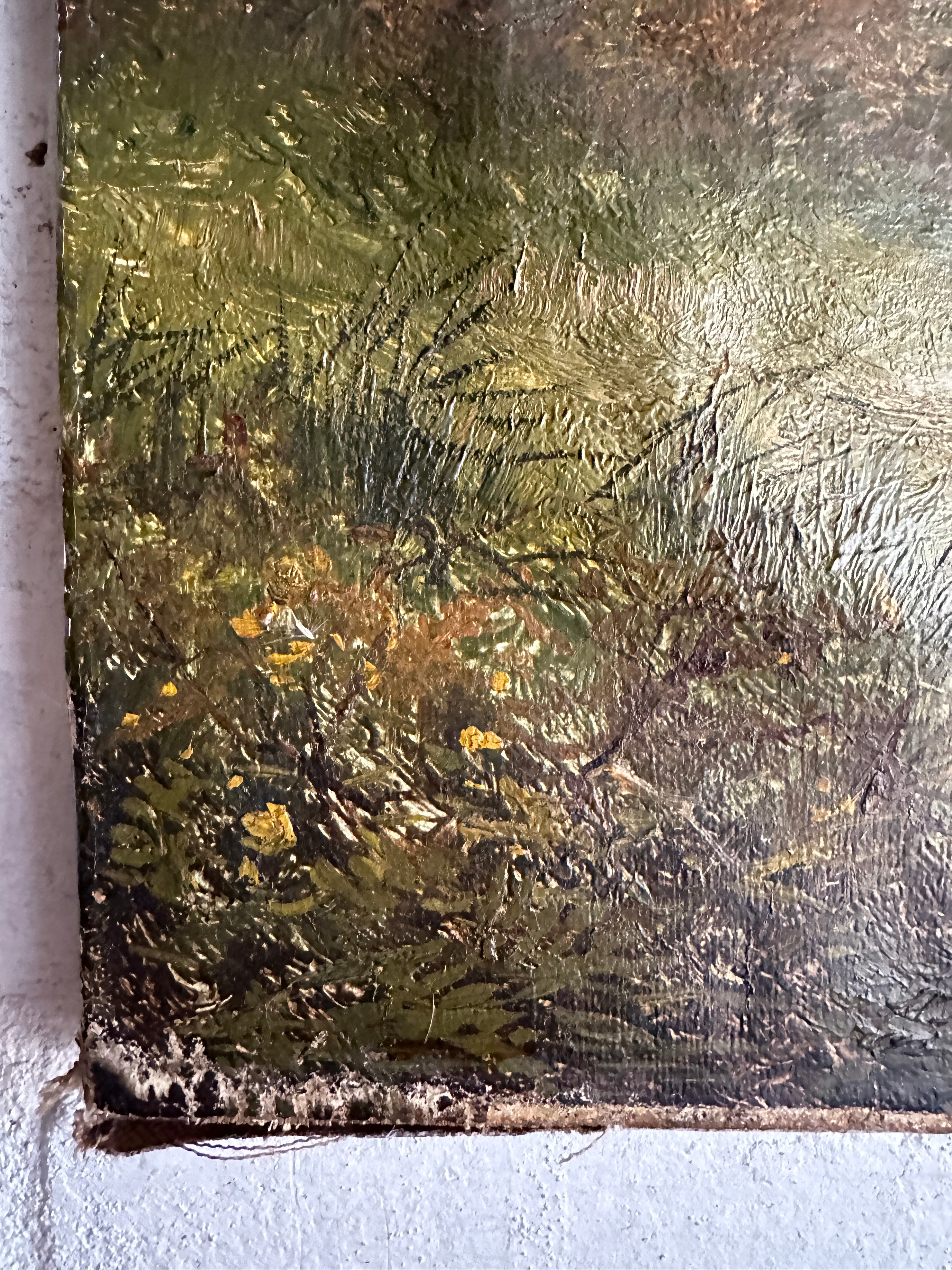 19th Century Landscape with Woman & Dog: Unframed Oil on Canvas