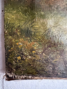 19th Century Landscape with Woman & Dog: Unframed Oil on Canvas