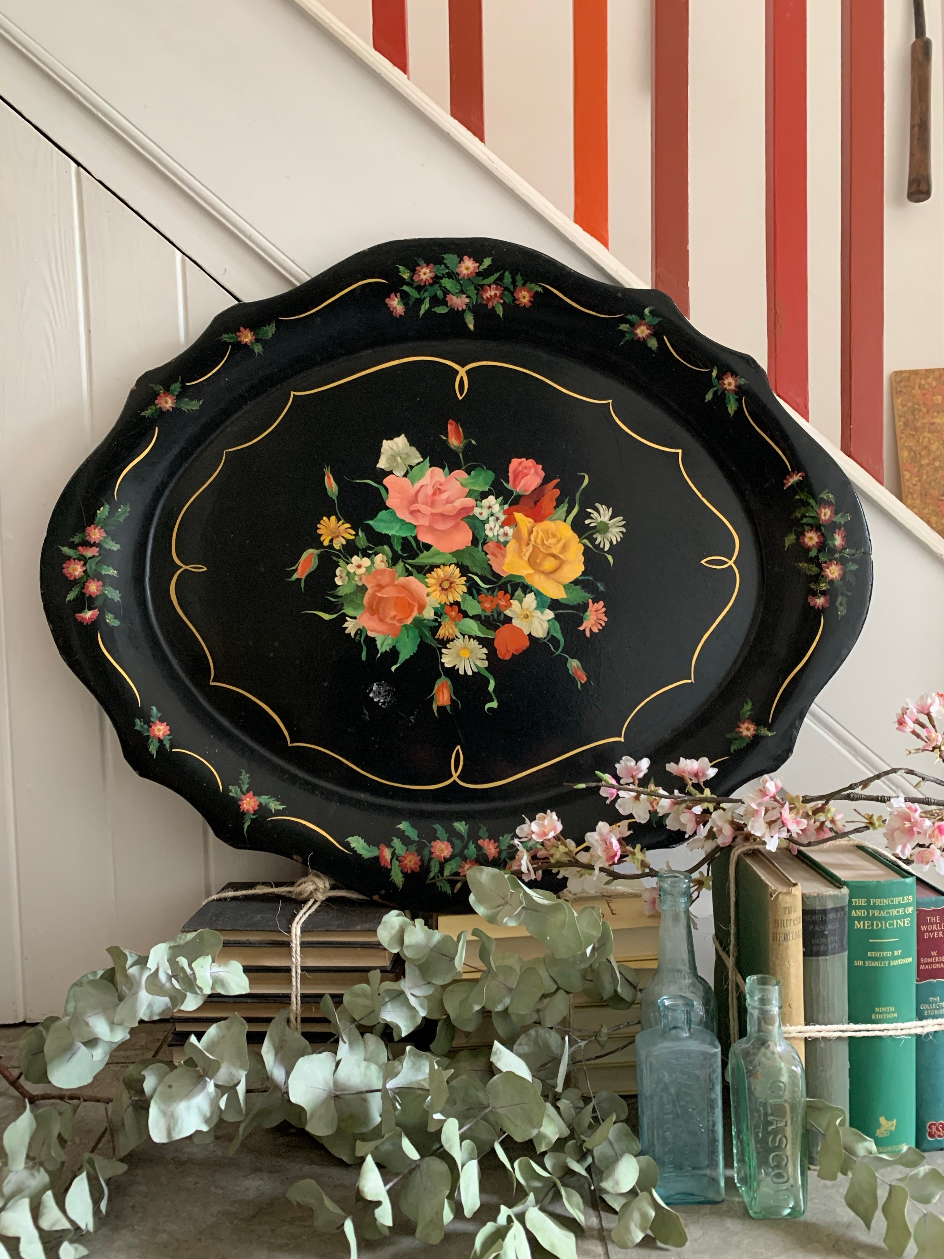 Very Large Antique Black Lacquered Tray