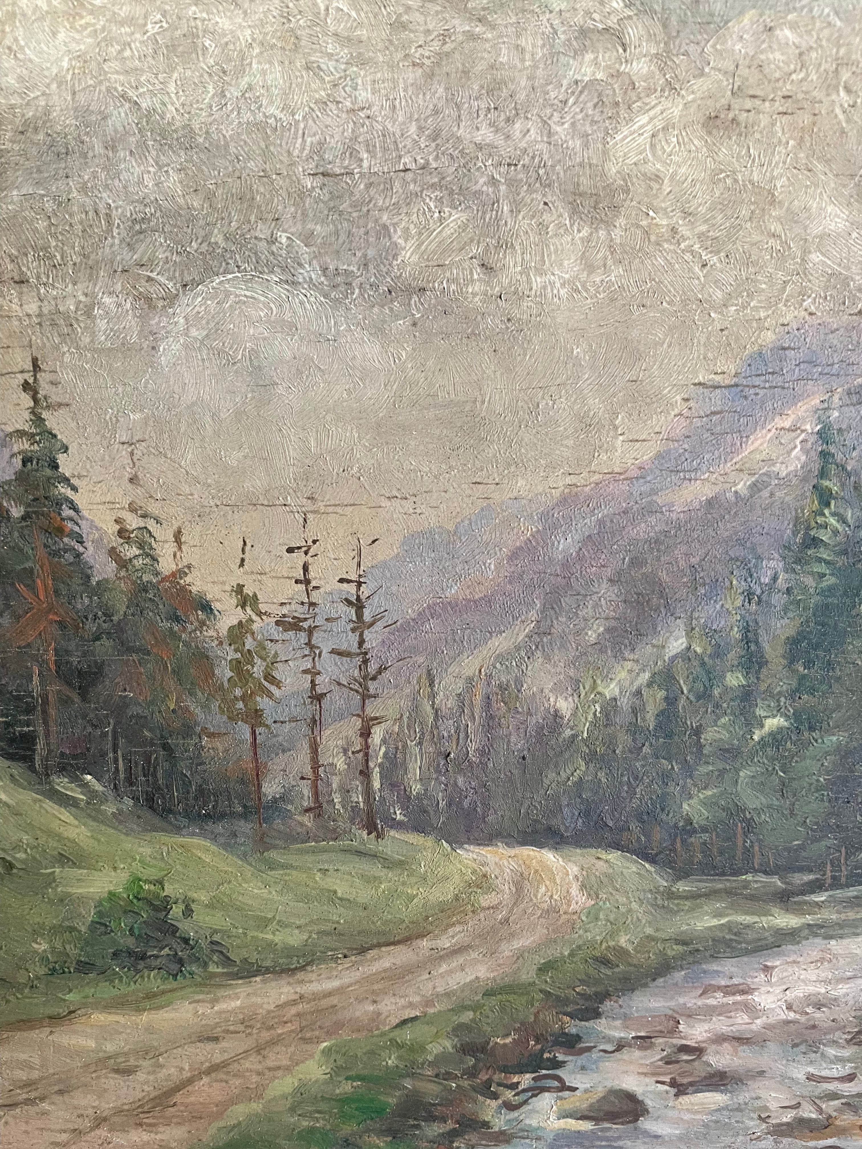 A Welsh Stream: Small Antique Signed Oil on Wood