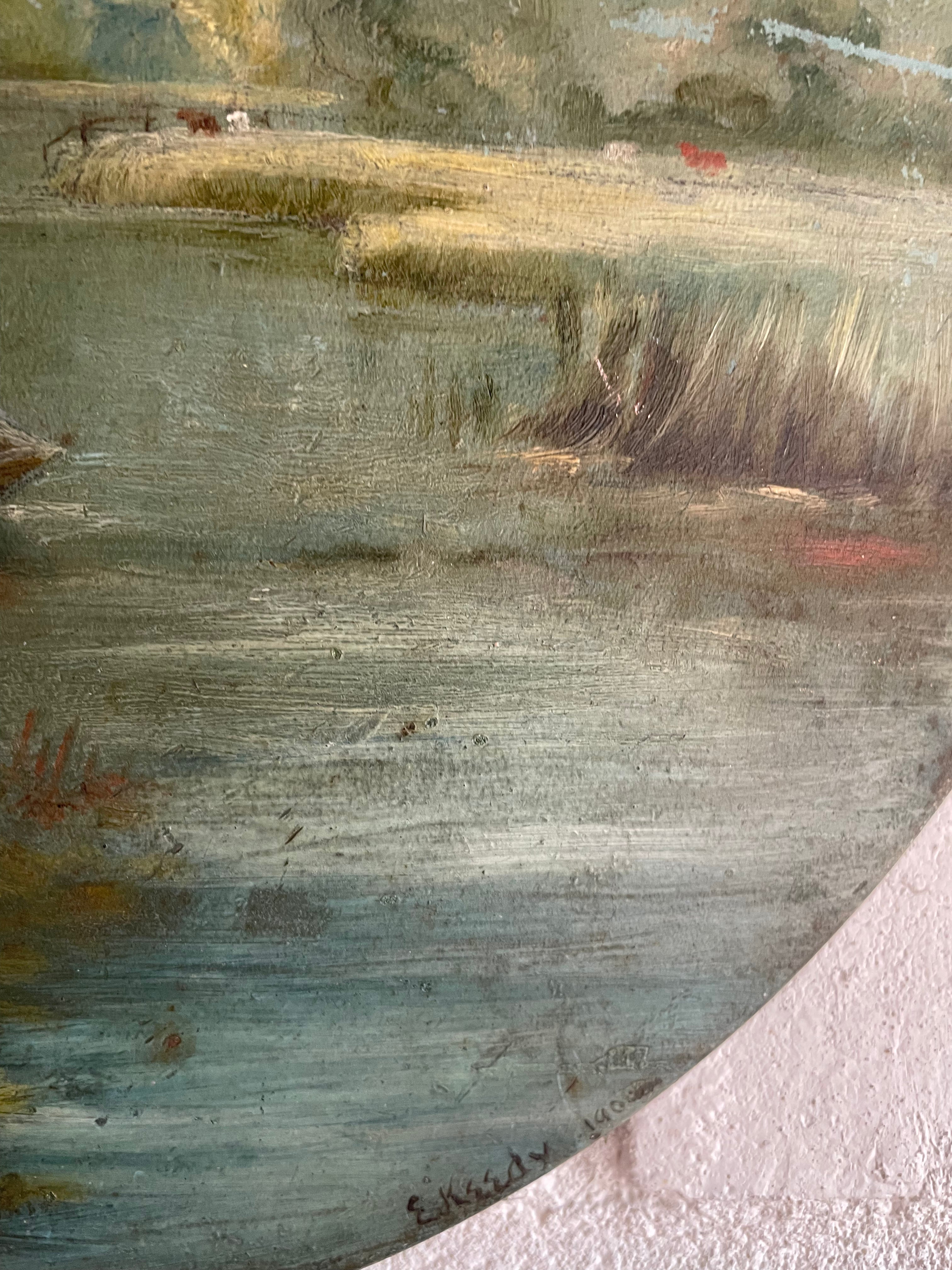 Pair of Antique Oil Paintings on Circular Tin