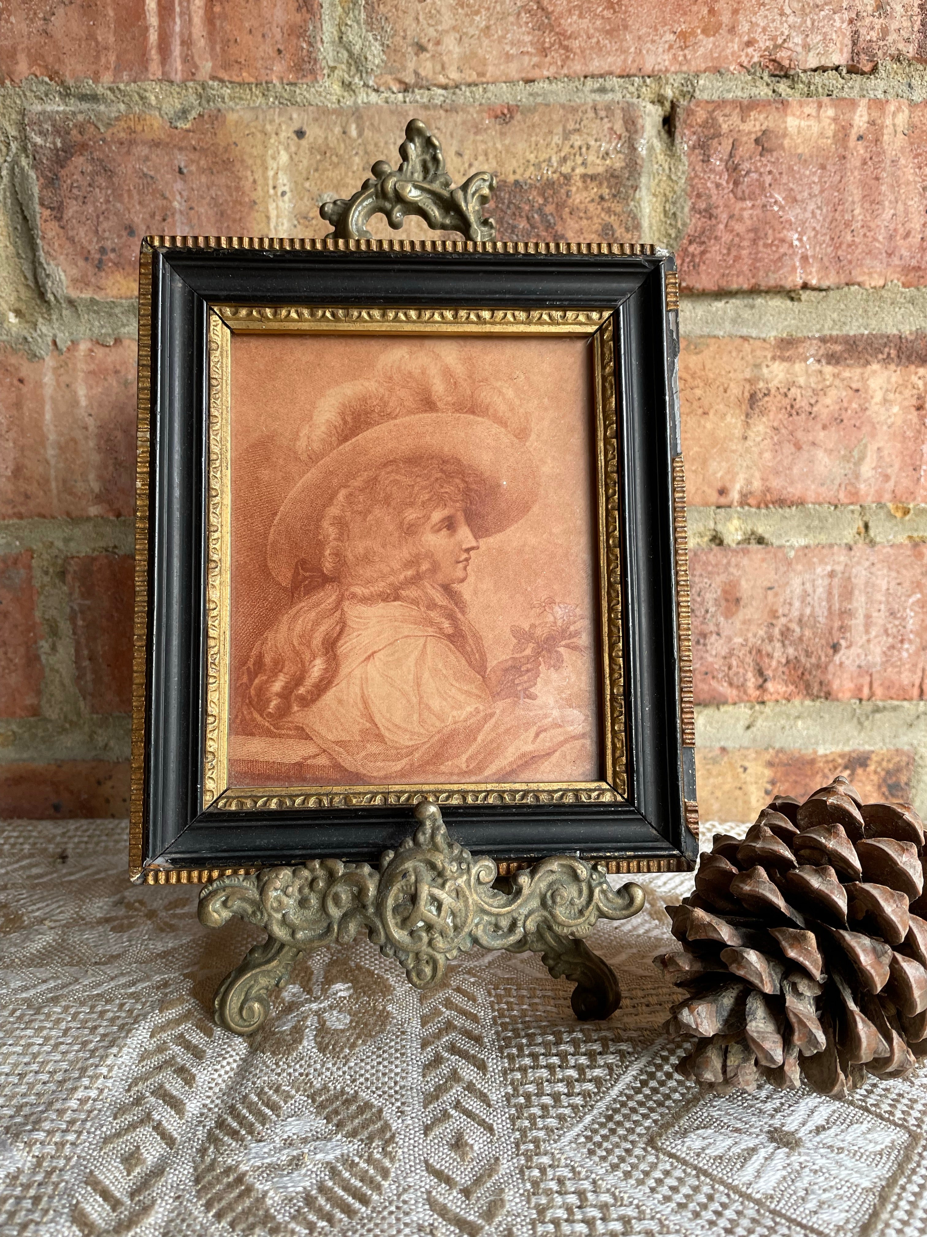 Pair of Tiny 18th Century Framed Mezzotint of Ladies in Hats