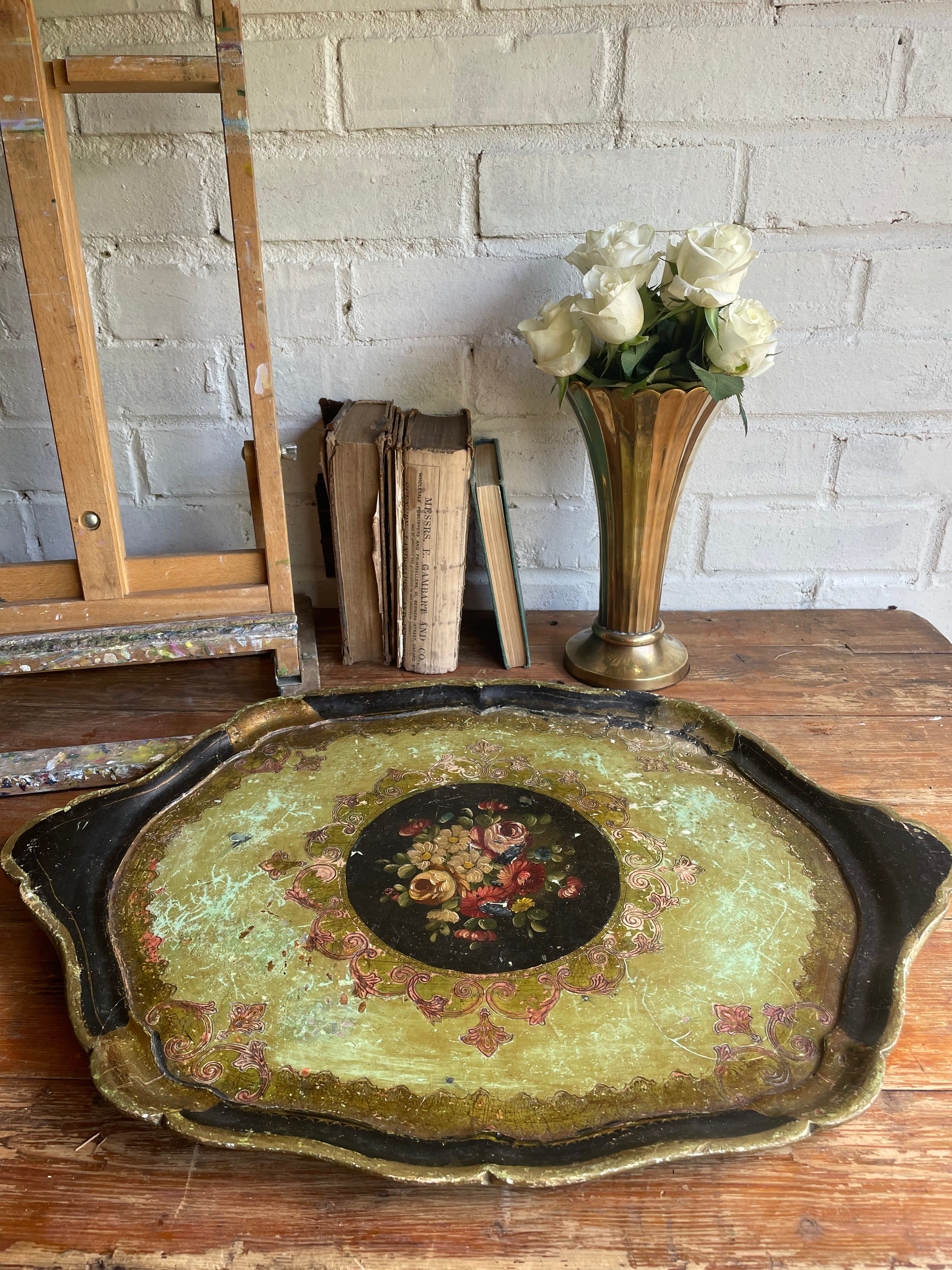 Florentine Tray with black and green florals