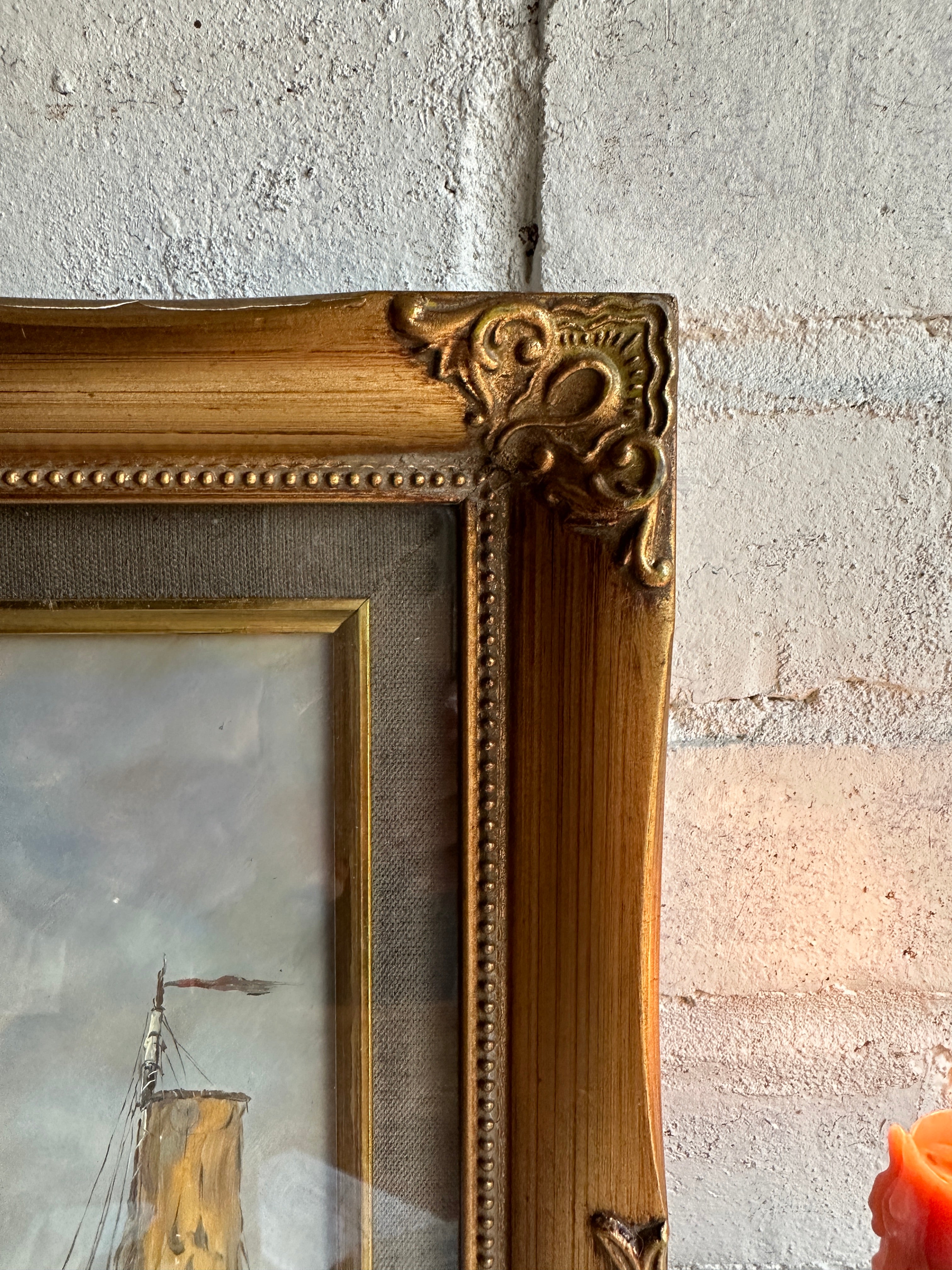 Boats at Sea with Gilt Frame: Antique Oil on Board