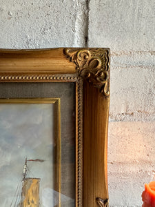 Boats at Sea with Gilt Frame: Antique Oil on Board