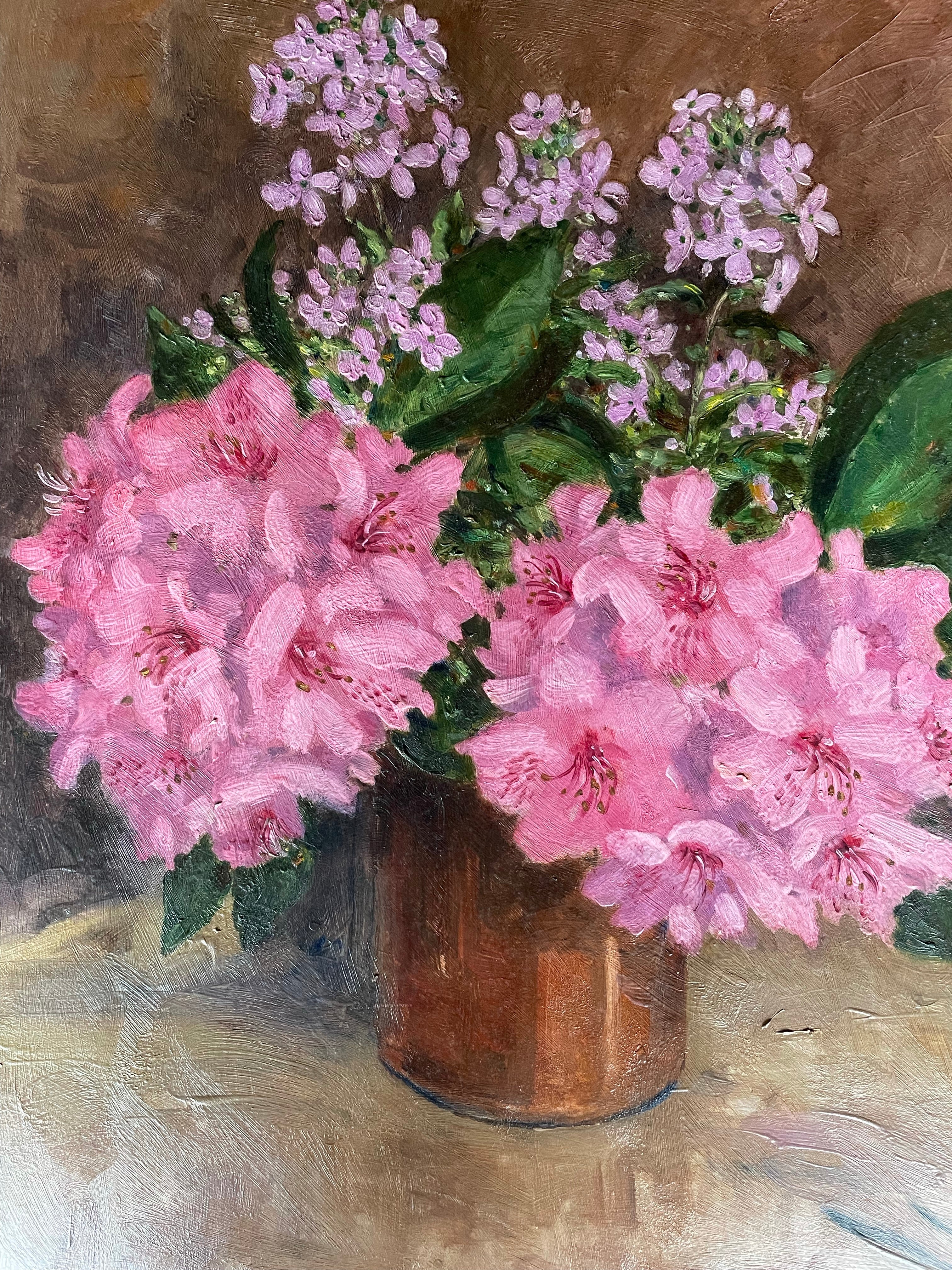Pink Rhododendrons: Signed Oil on Board