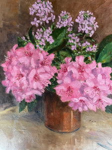 Pink Rhododendrons: Signed Oil on Board