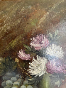 Vintage Floral & Fruit Still Life:  Oil on Board