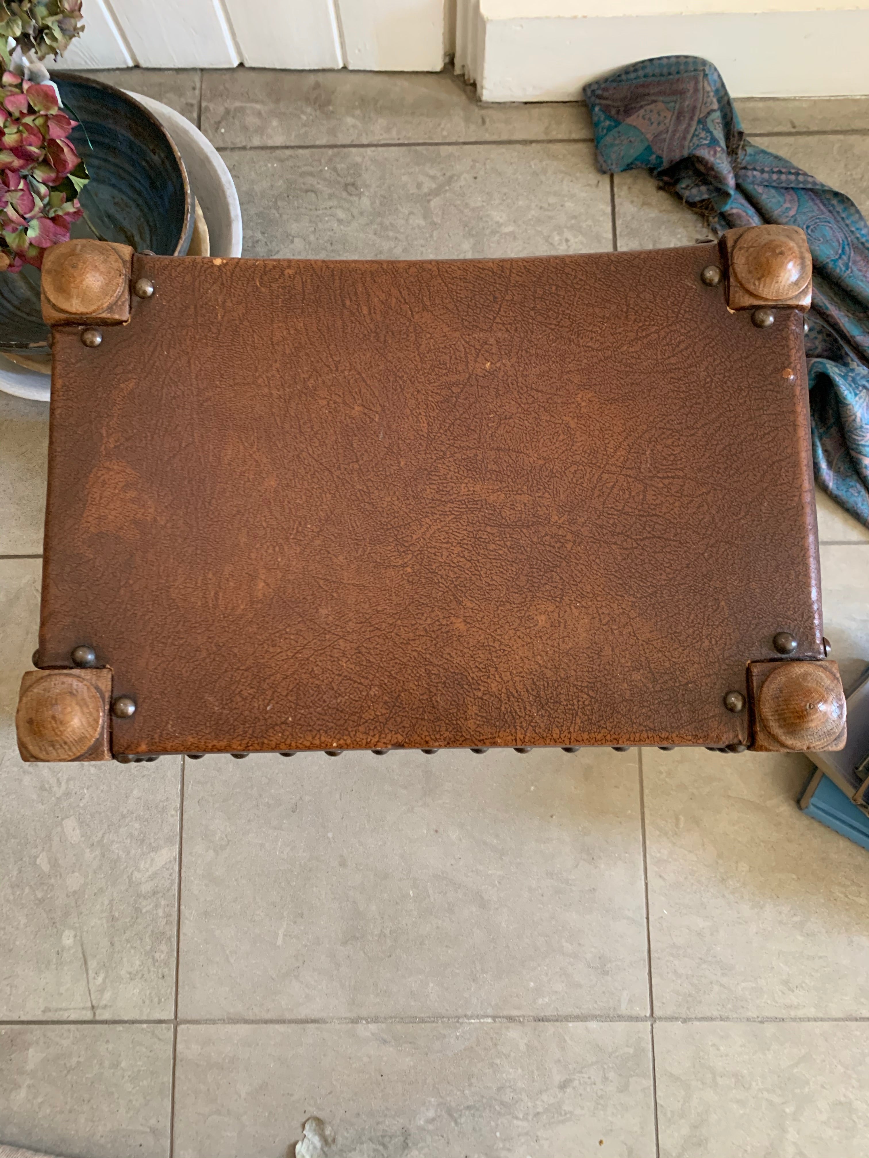 Vintage Stool with Faux Leather and Stud Detail