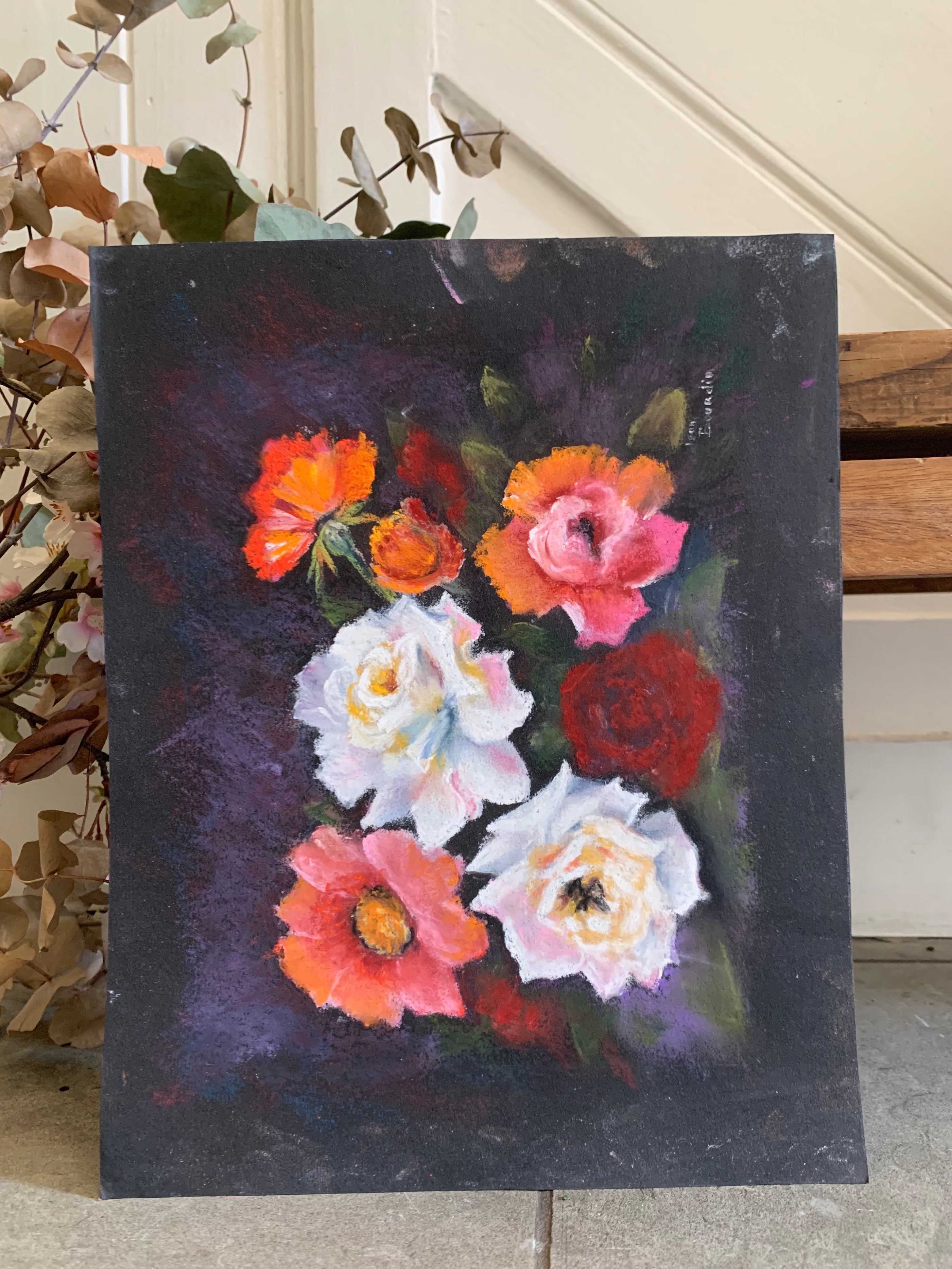 Small Floral Pastel on a Black Paper