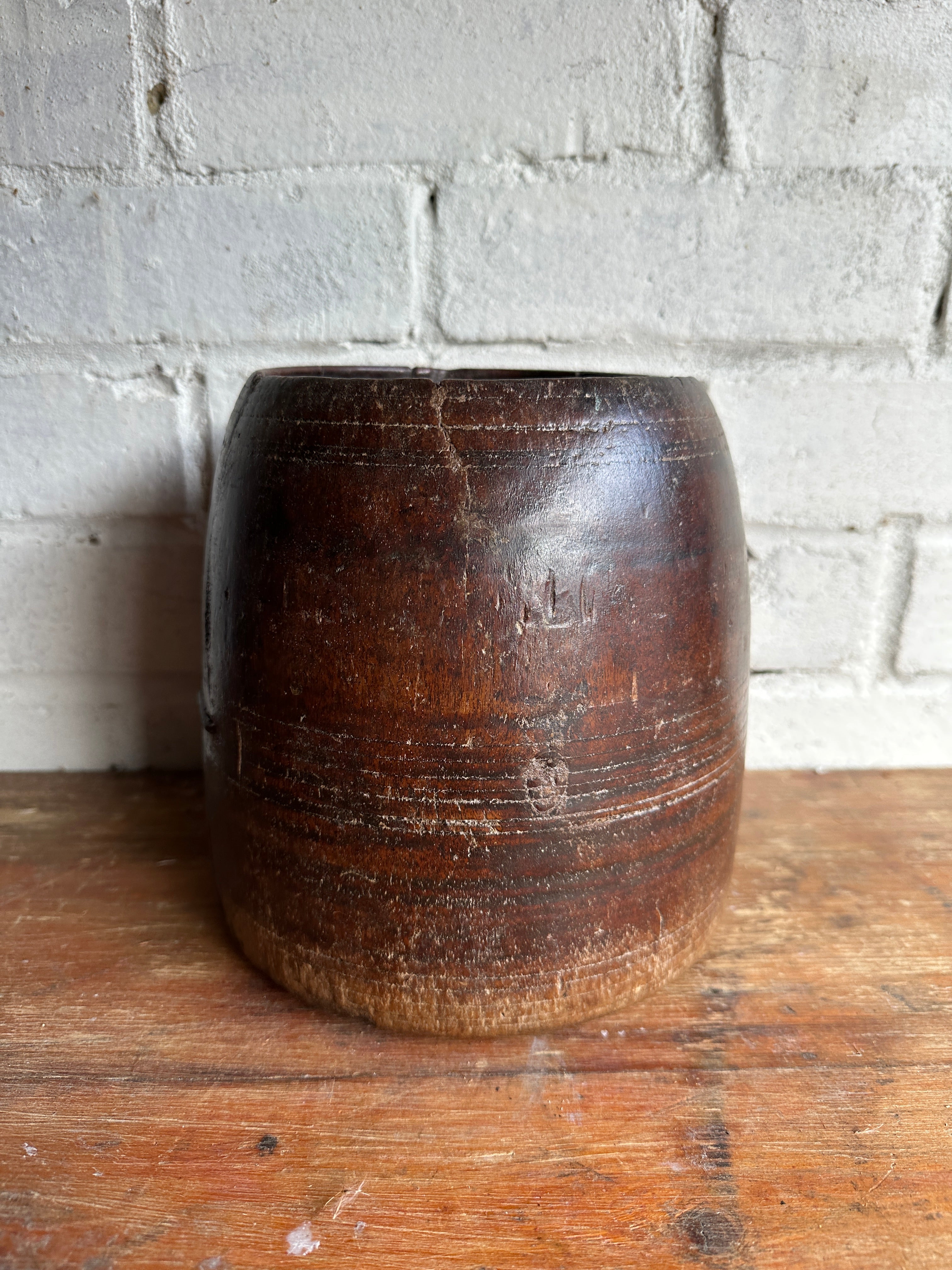 19th Century Hand-Carved Wood Grain Measure Pot