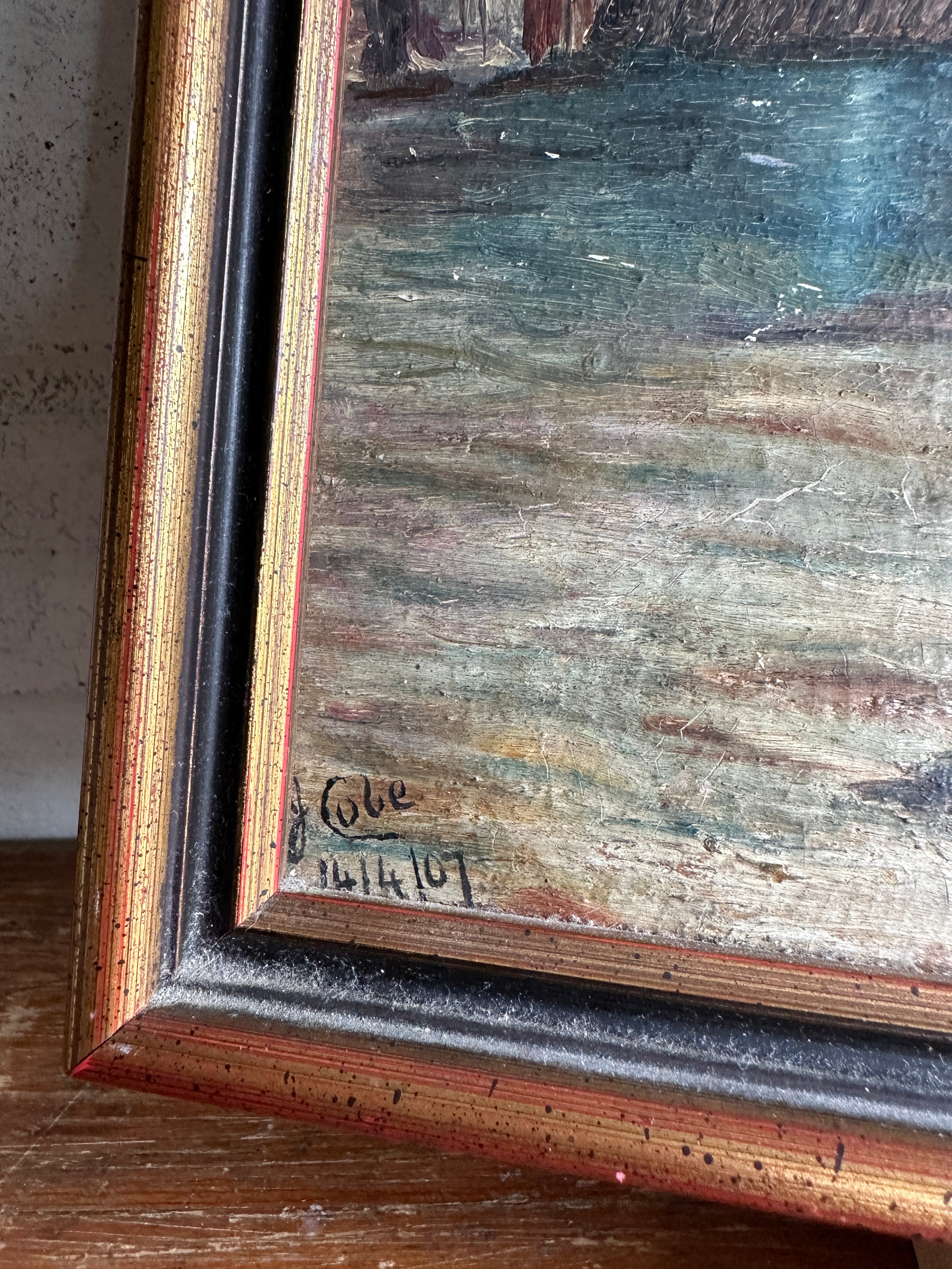 Muted Seascape with Lighthouse: Small Framed Oil on Board