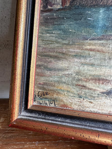 Muted Seascape with Lighthouse: Small Framed Oil on Board