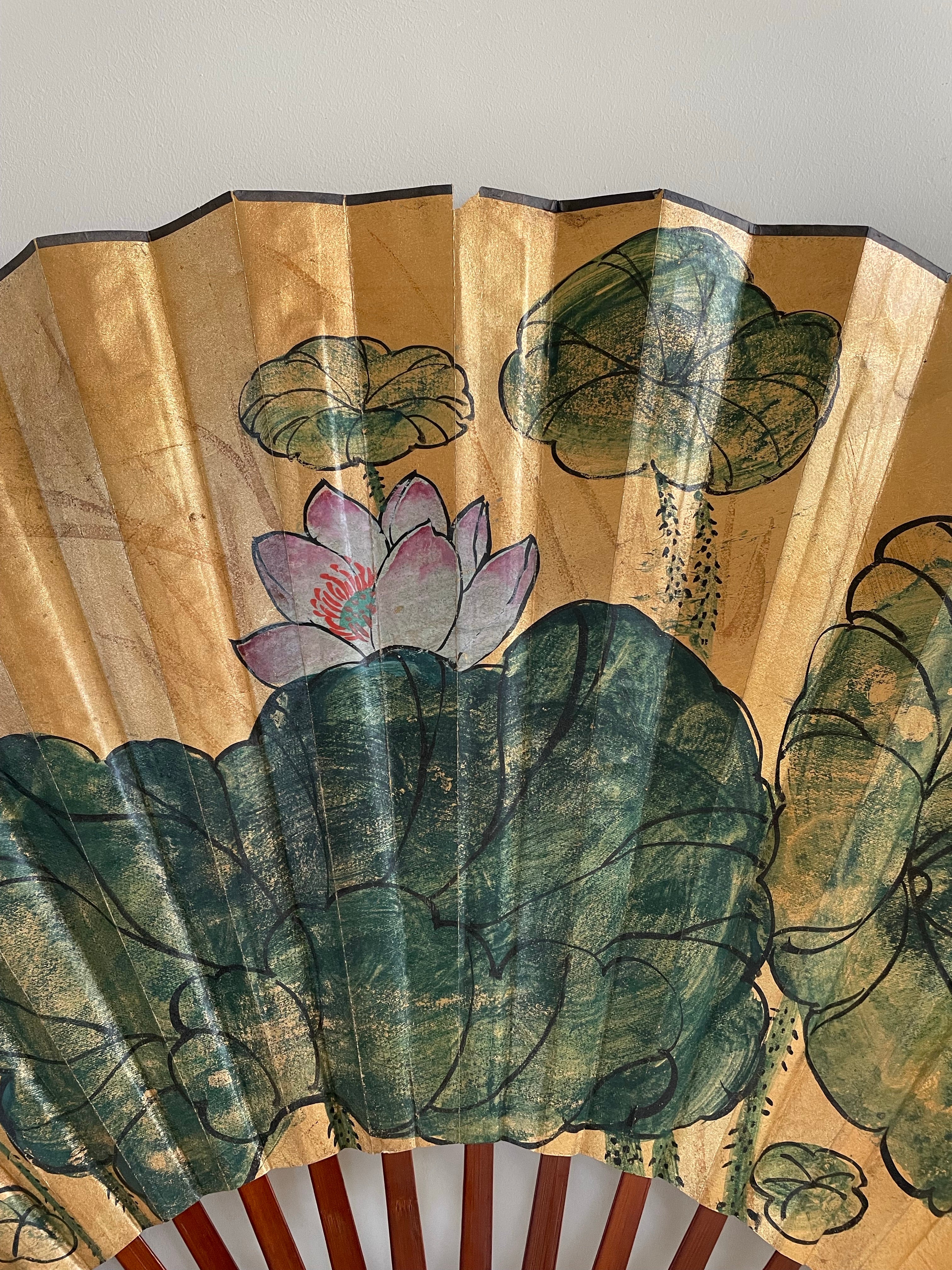Large Vintage Chinese Handpainted Silk Fan for Wall Decor