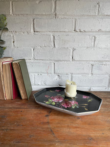 Crown Ducal Pottery Tray with Pink Roses on Black