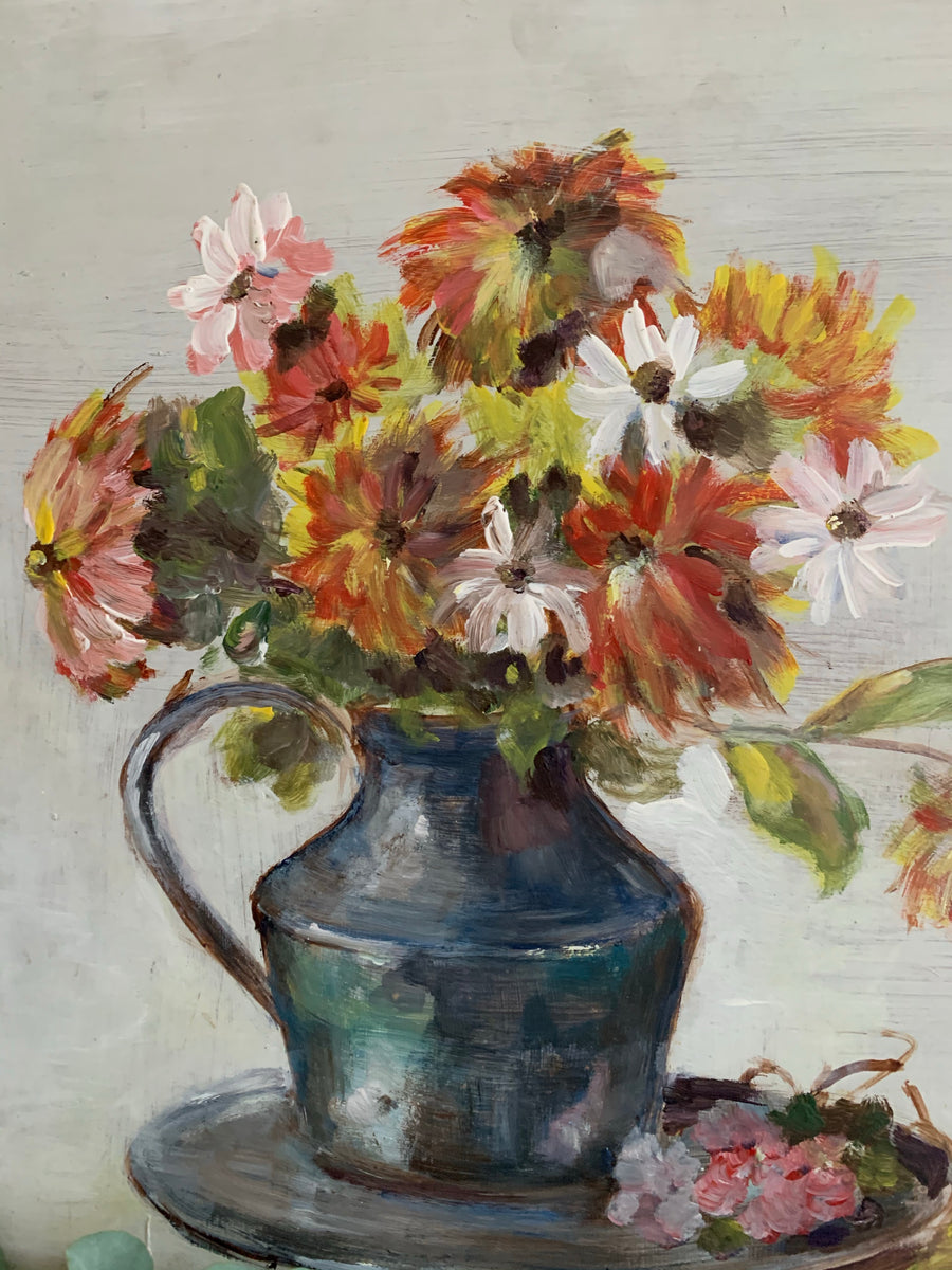 Floral Still-Life with Blue Jug and Plate - Vintage Oil on Board ...