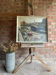 Boats and Bridge: Midcentury Oil on Board