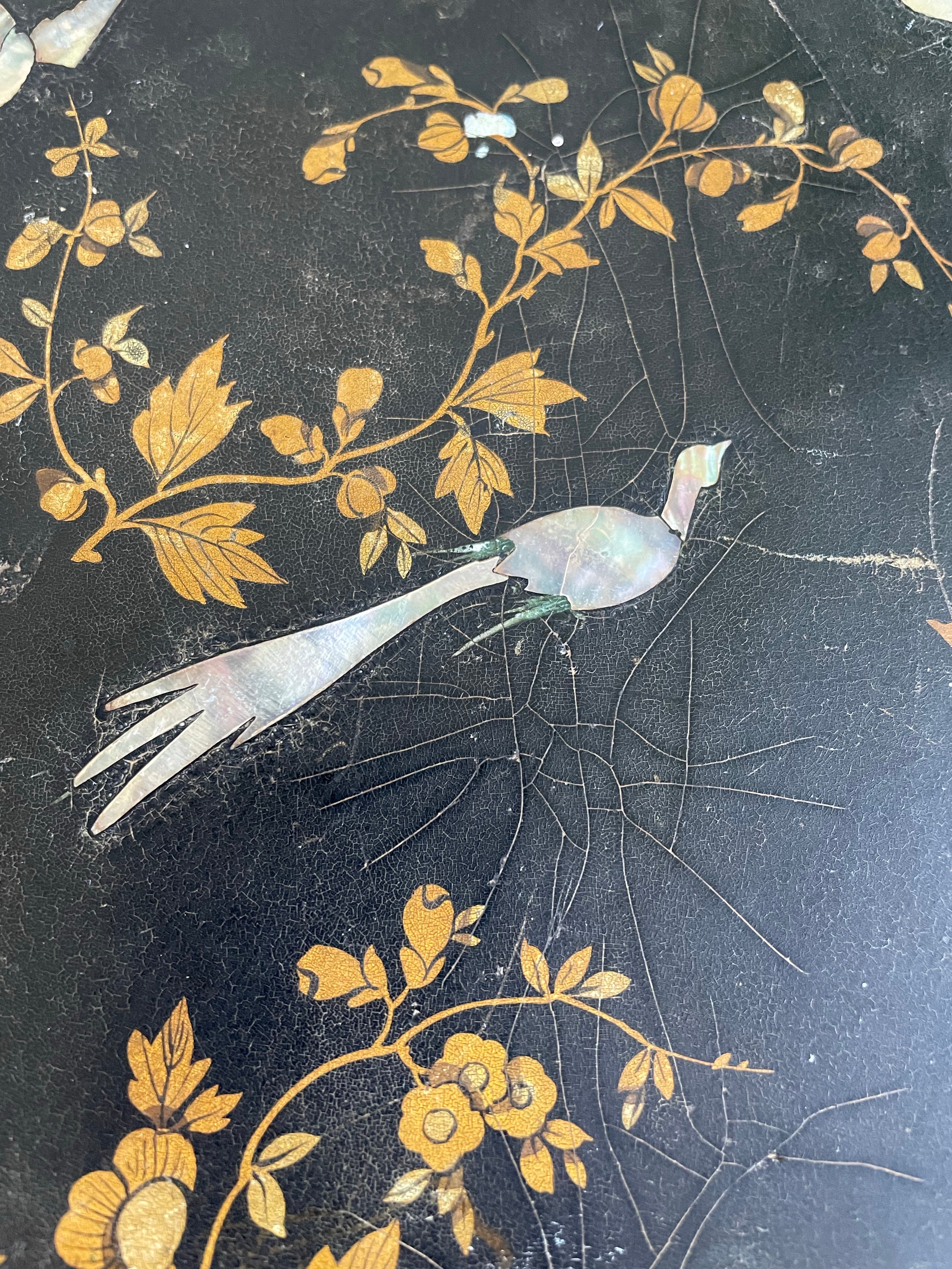 Antique Chinoiserie Panel with Mother of Pearl birds and gold leaf foliage