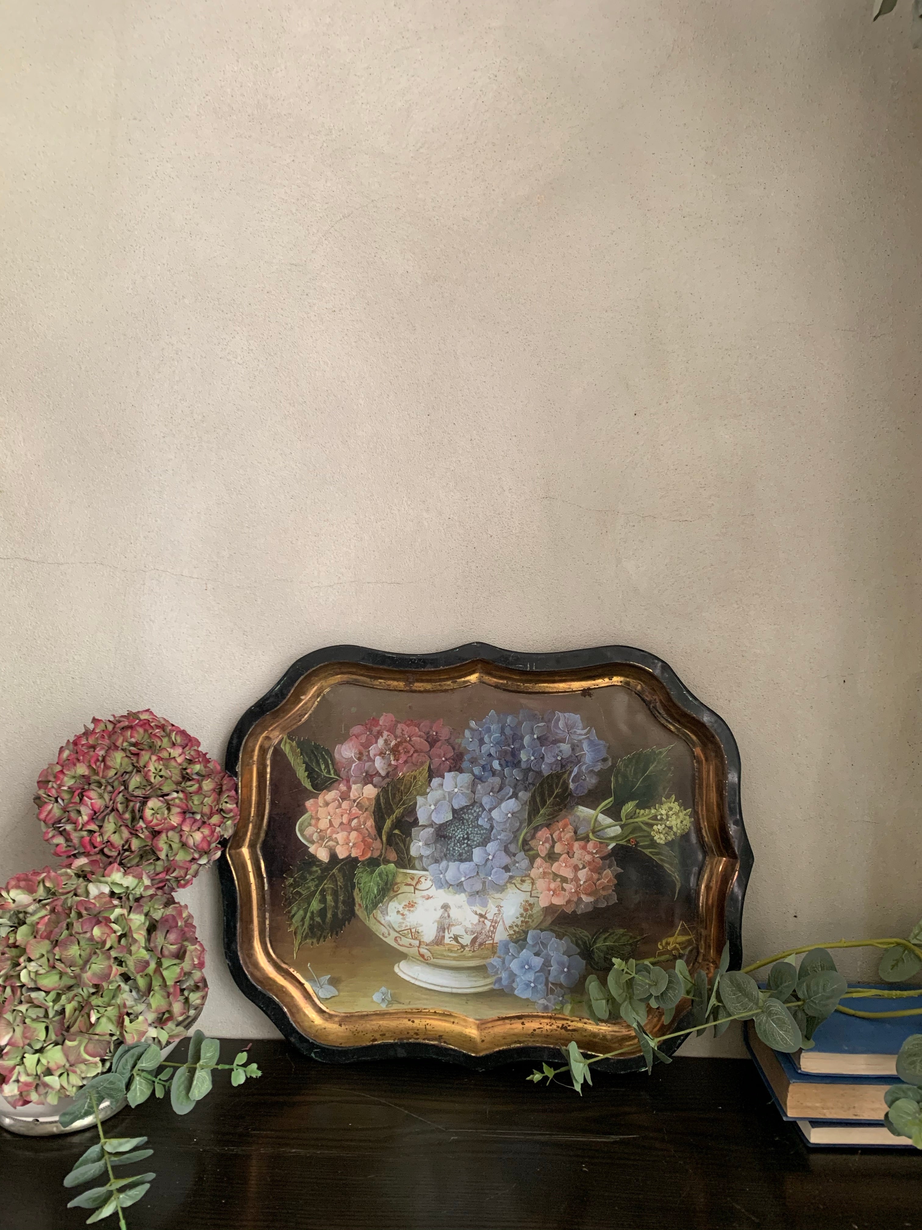 Large Decorative Tin Tray with Hydrangeas