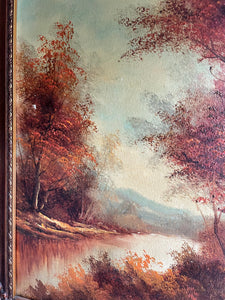 Autumn Treescape: Large Antique Oil on Canvas with Gilt Frame