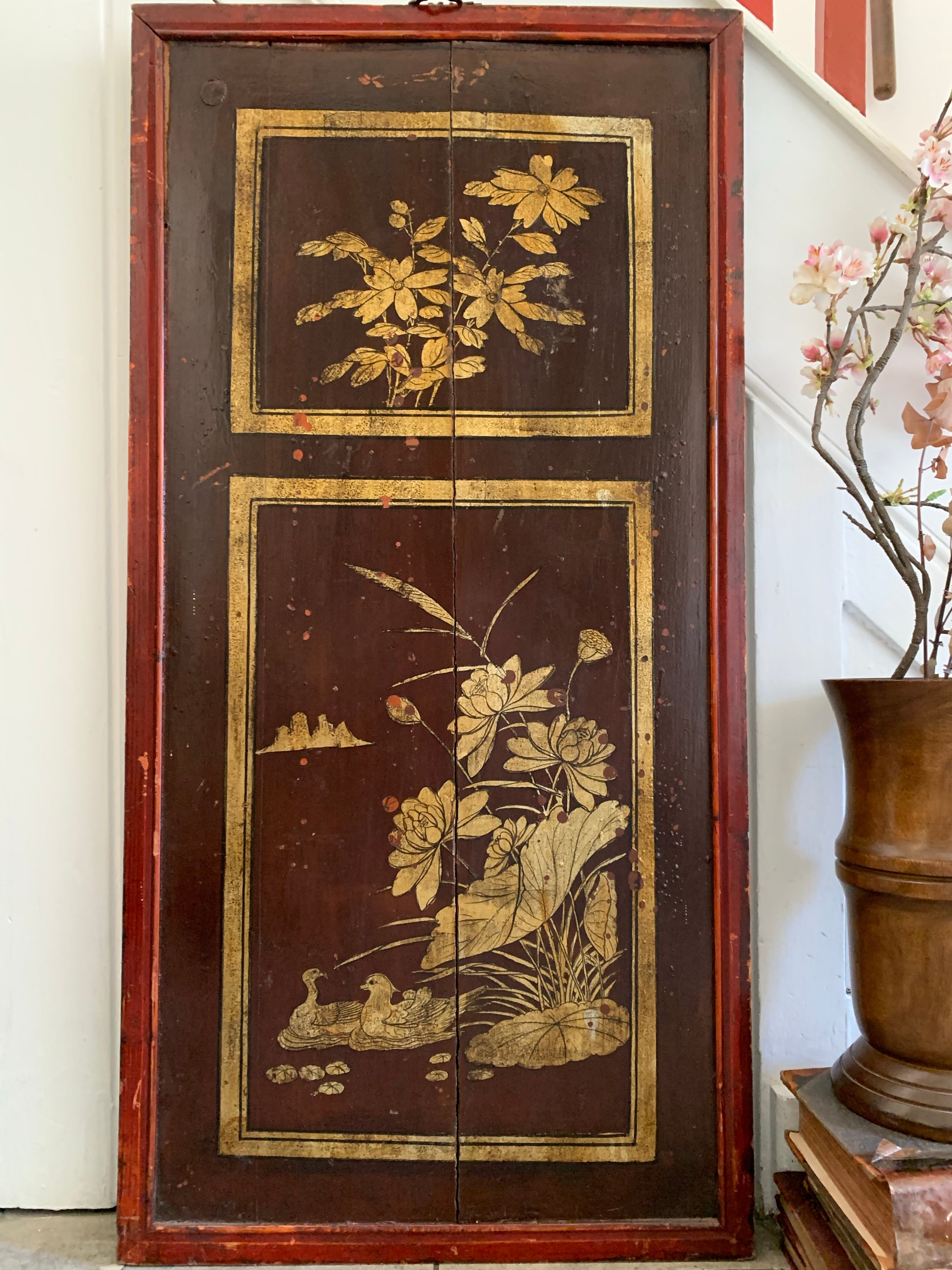 Large Antique Chinese Decorative Wood Panel with gold detail