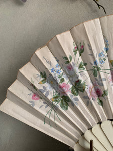 Antique French Brise Hand-painted Silk & Bone Fan