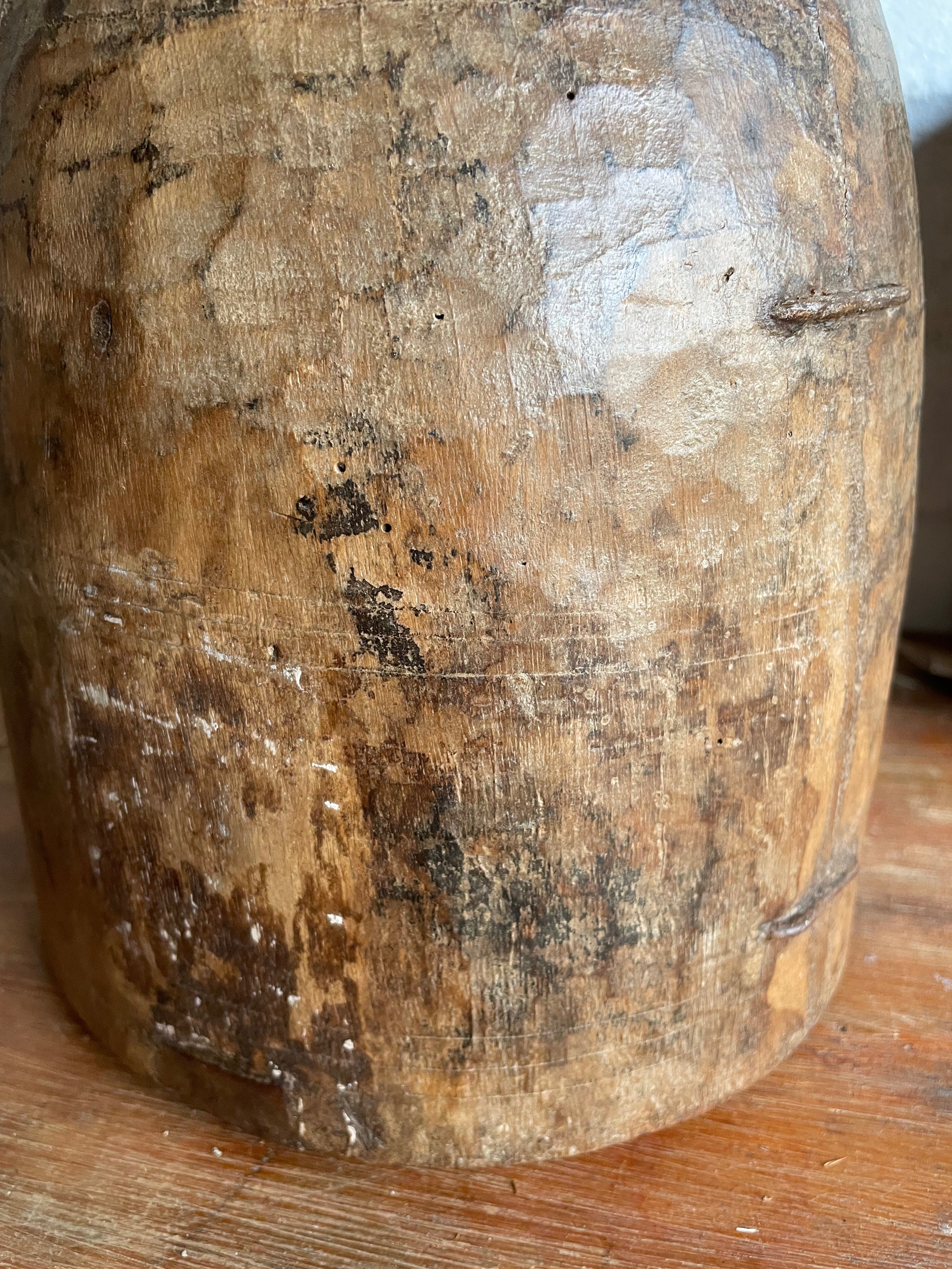 19th Century Indian Hand-Carved Wood Grain Measure Pot