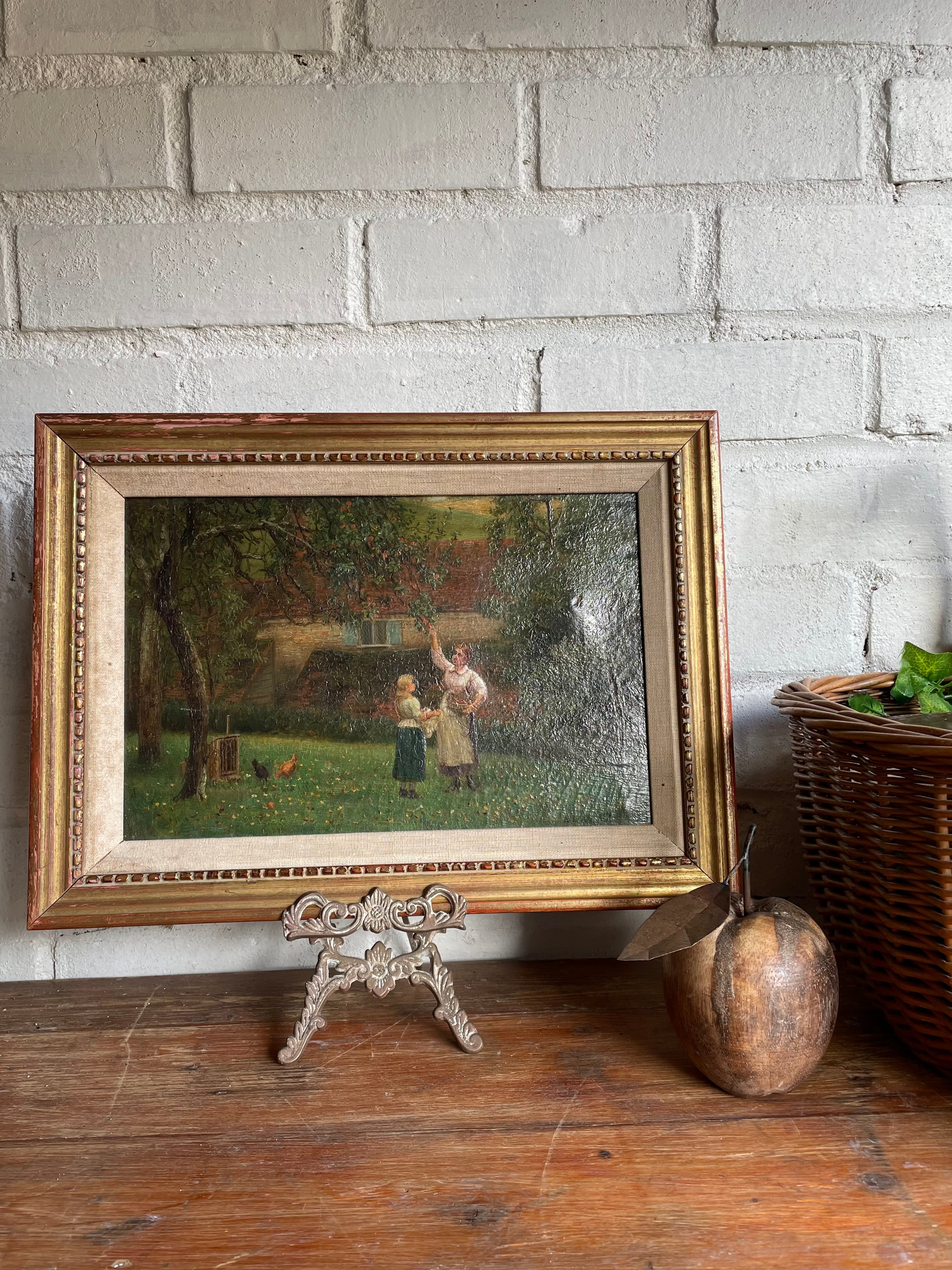 Apple Picking: 19th Century Oil on Canvas