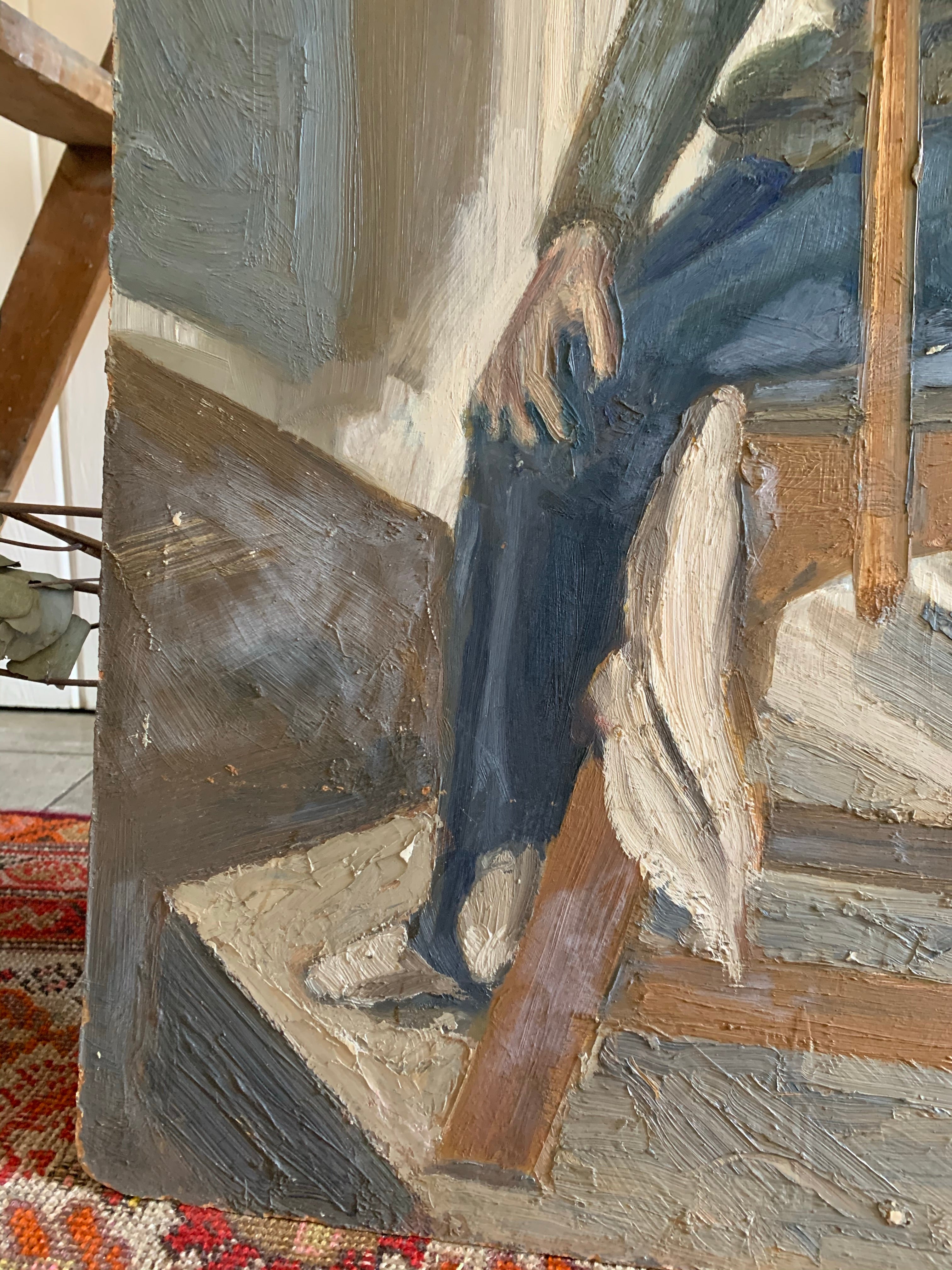 Portrait of a Lady on a ladder  - Oil Painting on Board