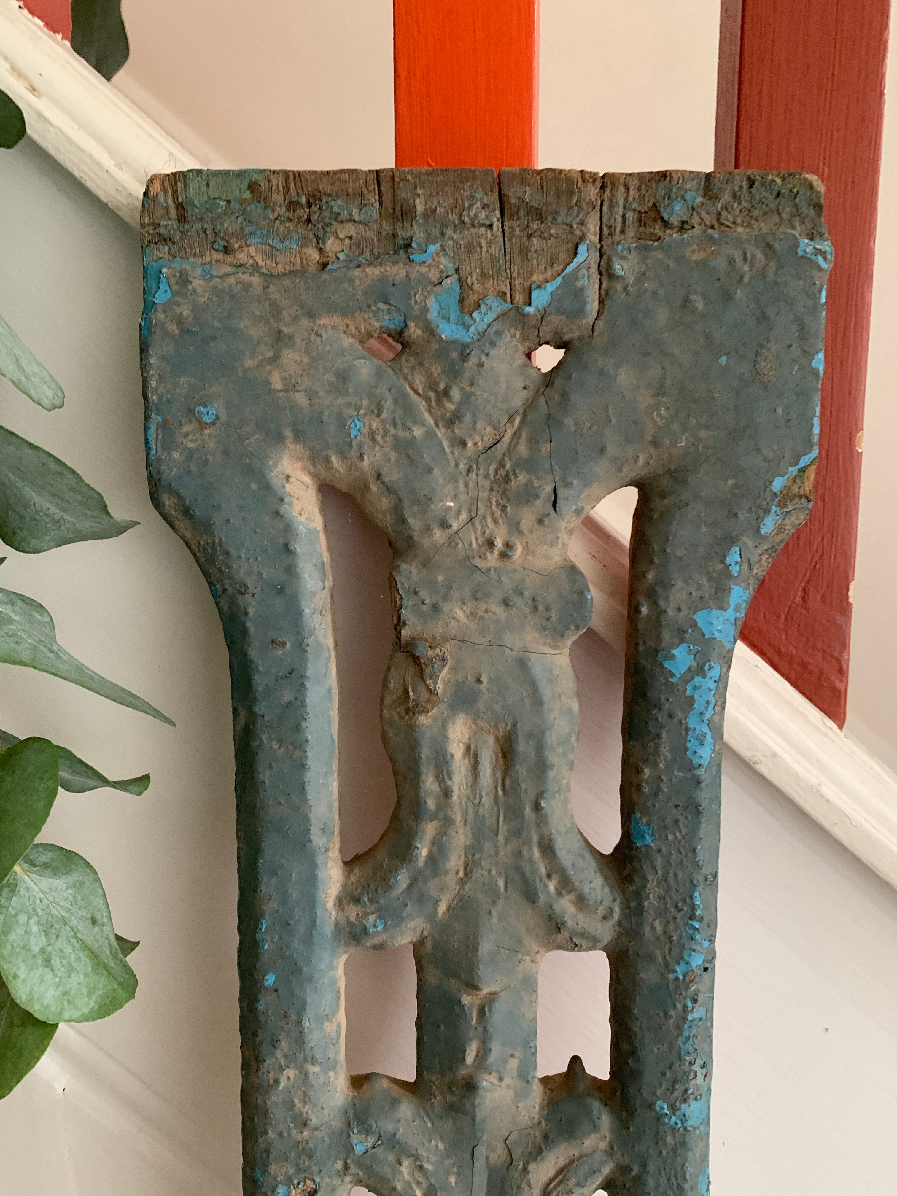 Hand-Carved Decorative Wood Panel with Turquoise Paint