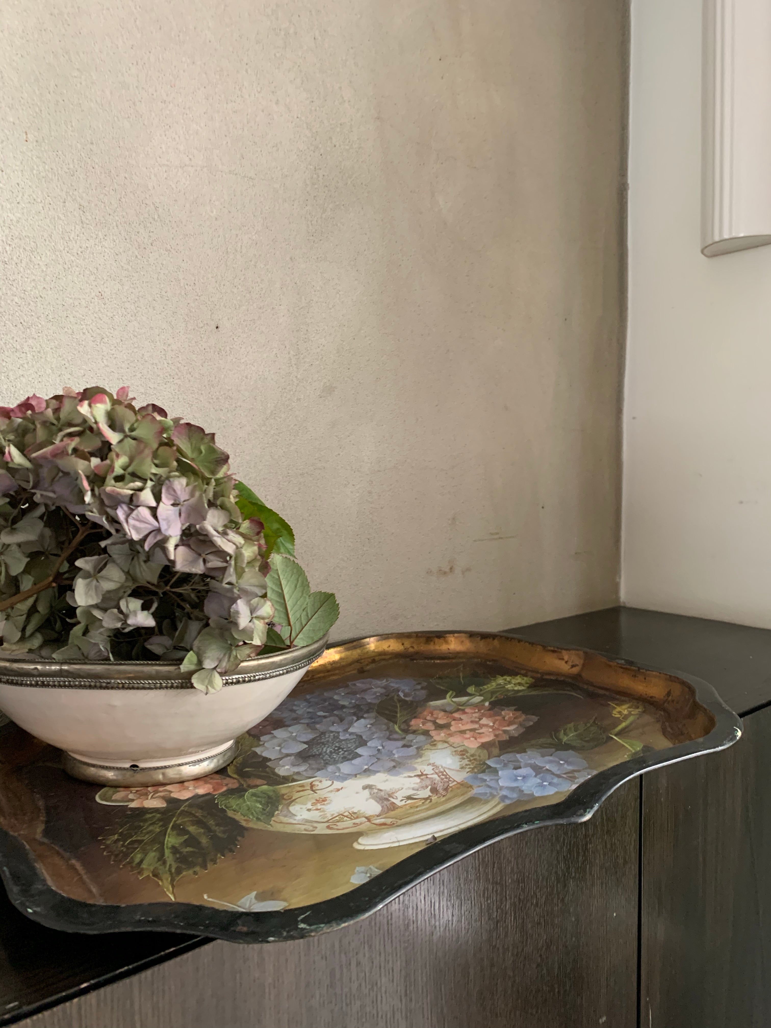 Large Decorative Tin Tray with Hydrangeas