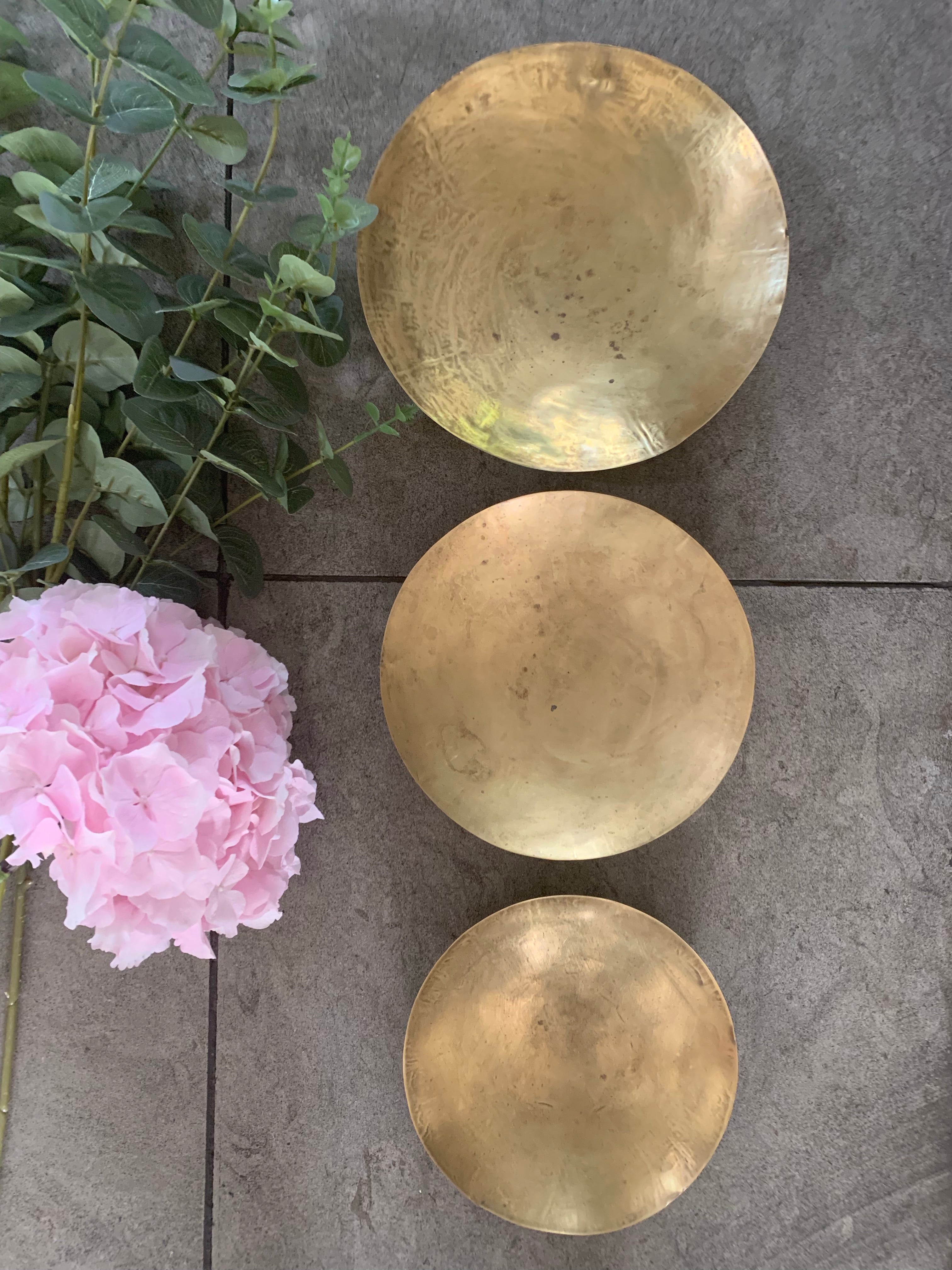 Trio of shallow vintage brass spice dishes
