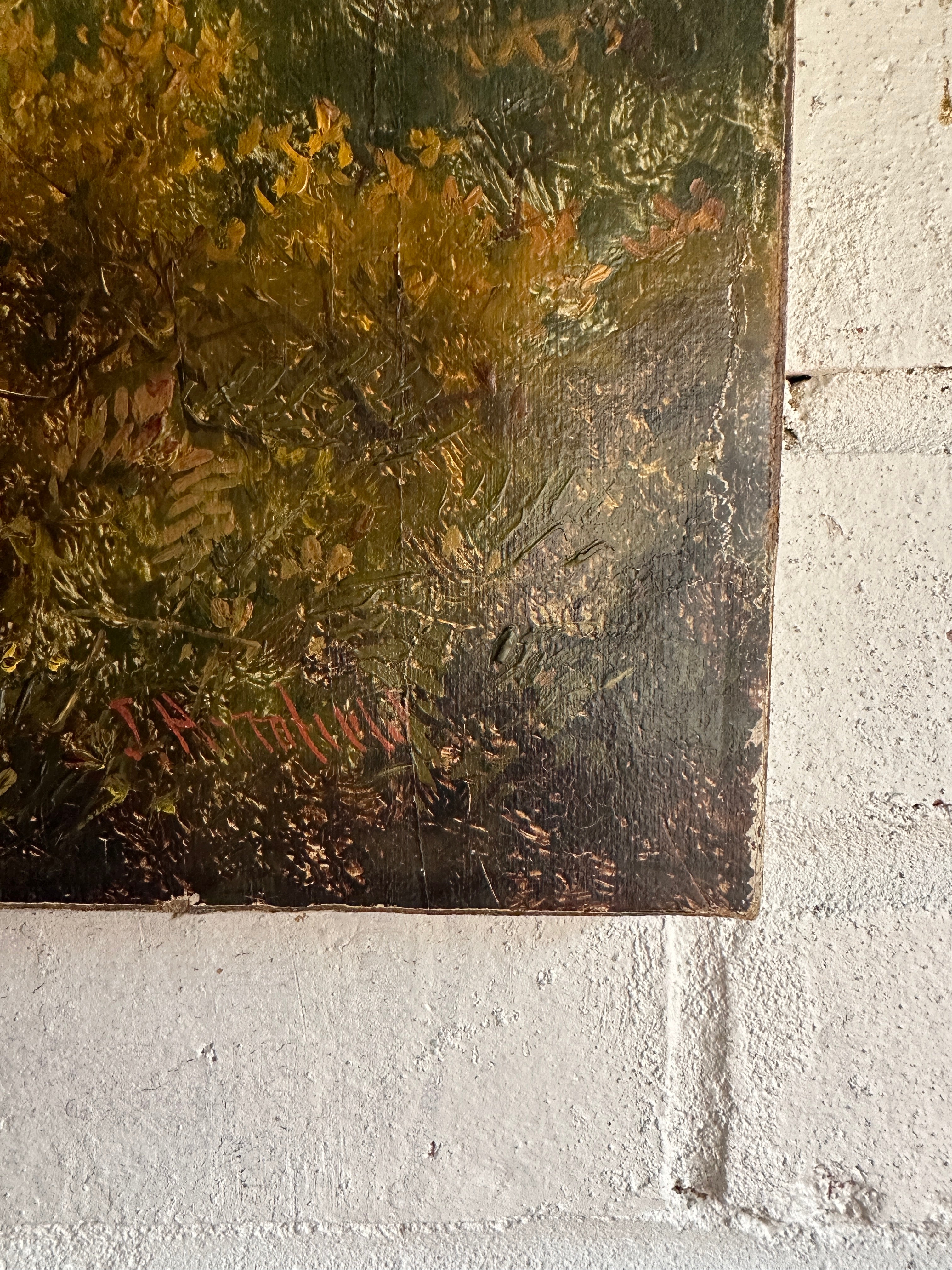 19th Century Landscape with Woman & Dog: Unframed Oil on Canvas
