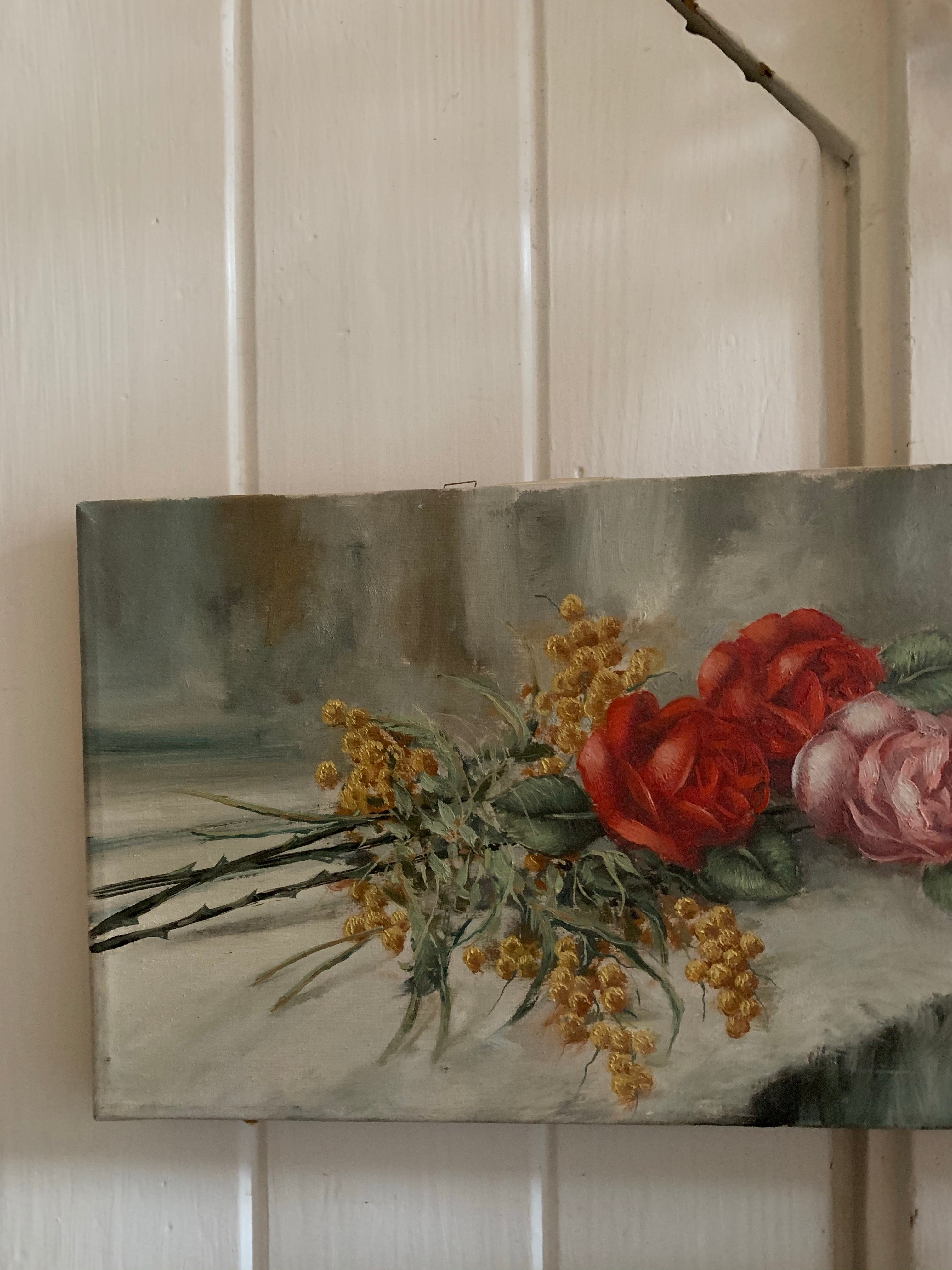 Small Antique Floral Oil on Canvas
