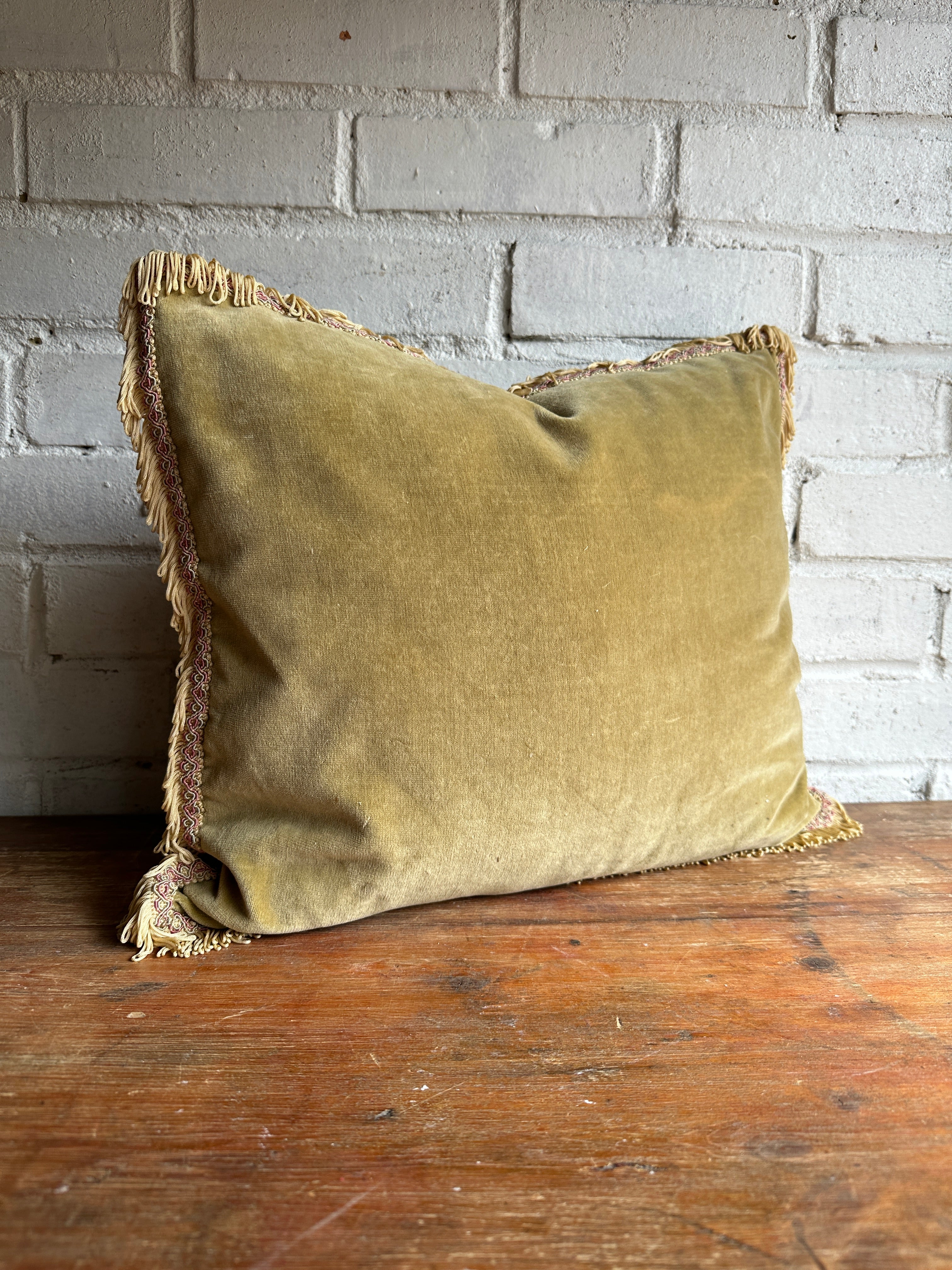 Pistachio Velvet Cushion with Fringing