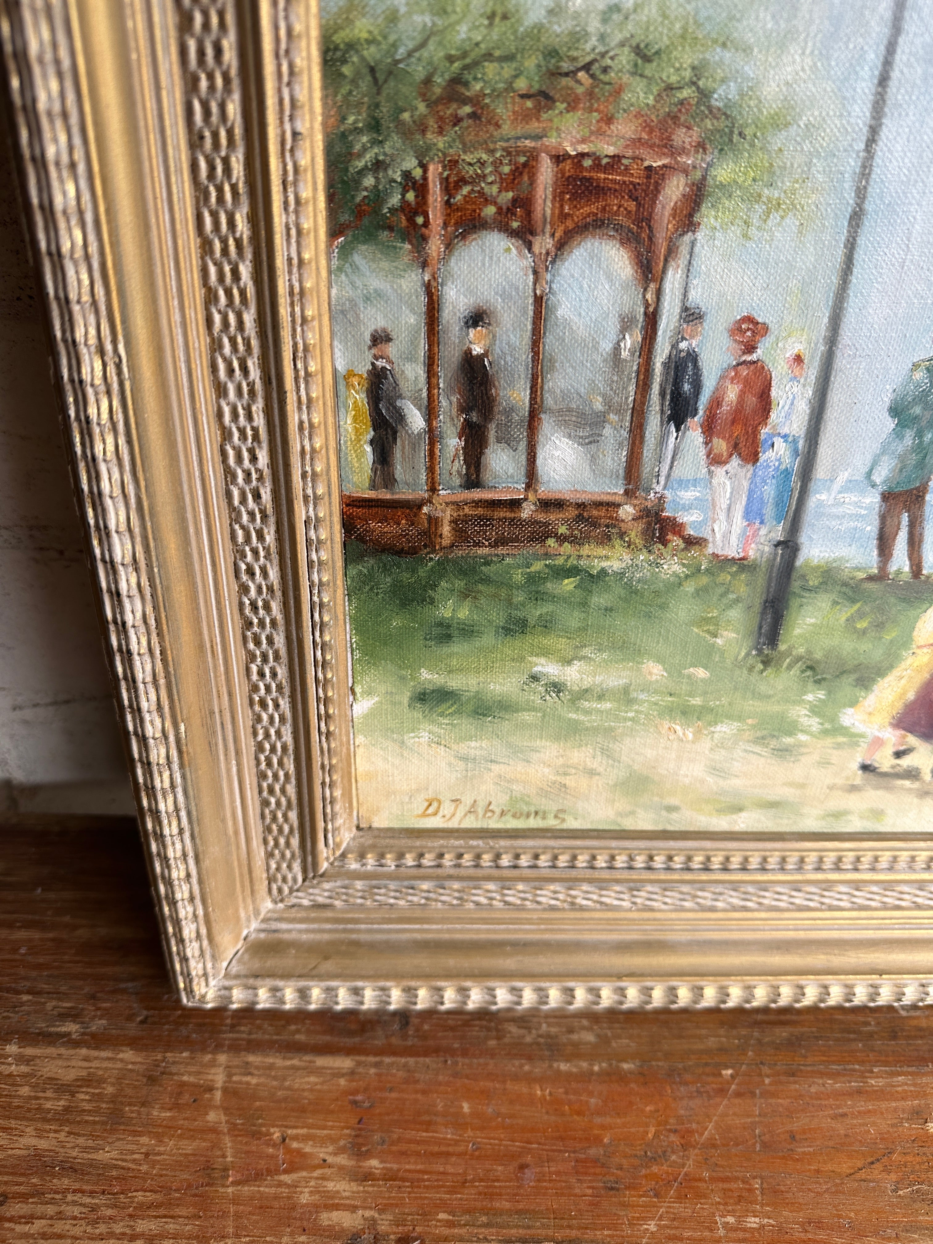 Edwardian Lakeside Scene: Vintage Oil on Board