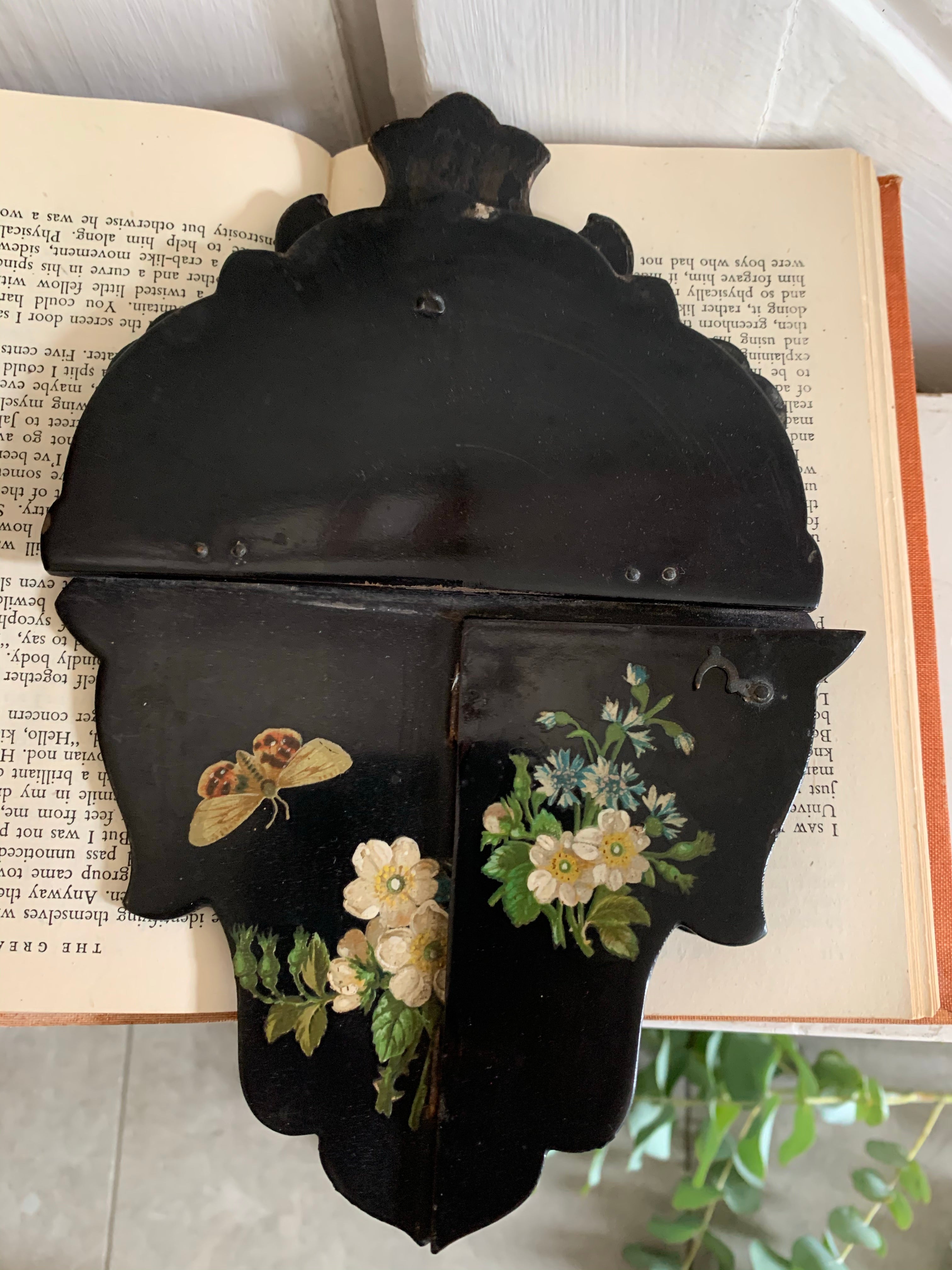 Little Antique Papier Mache Black Lacquer  “Chinoiserie ” Folding Wall Sconce