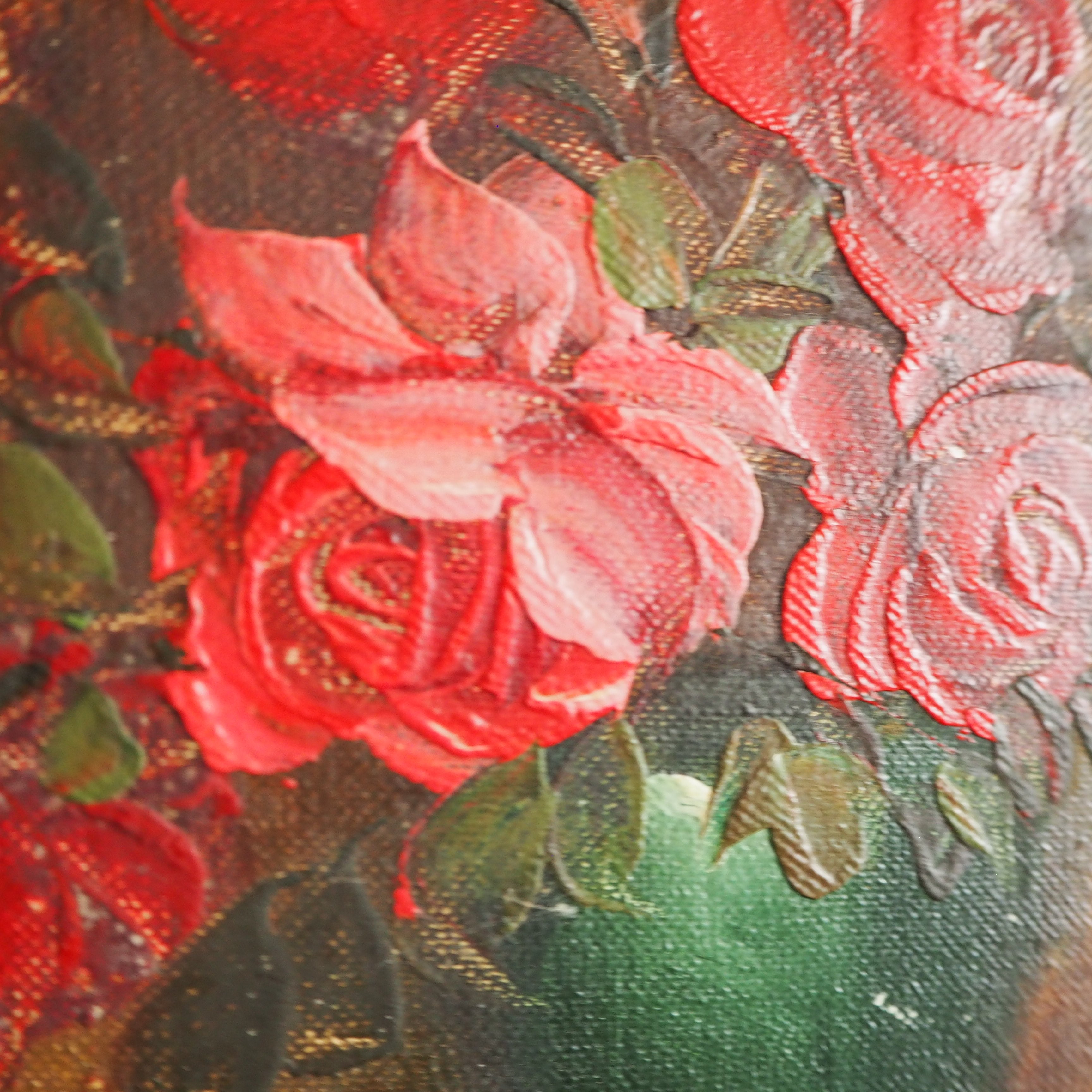 Red Roses: Framed MIdcentury Oil on Board